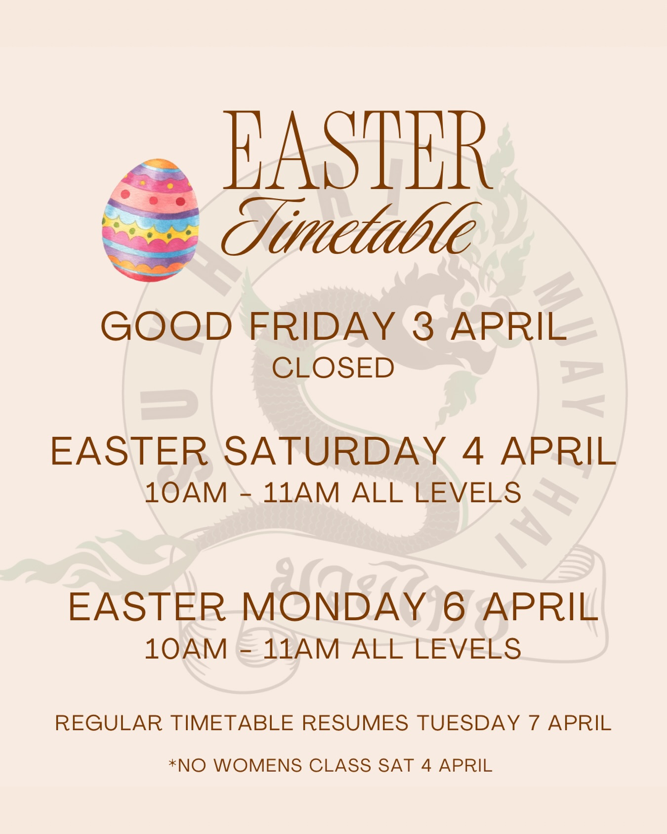 Upcoming Easter timetable with some changes to our regular timetable.
Have a happy Easter! 🐰