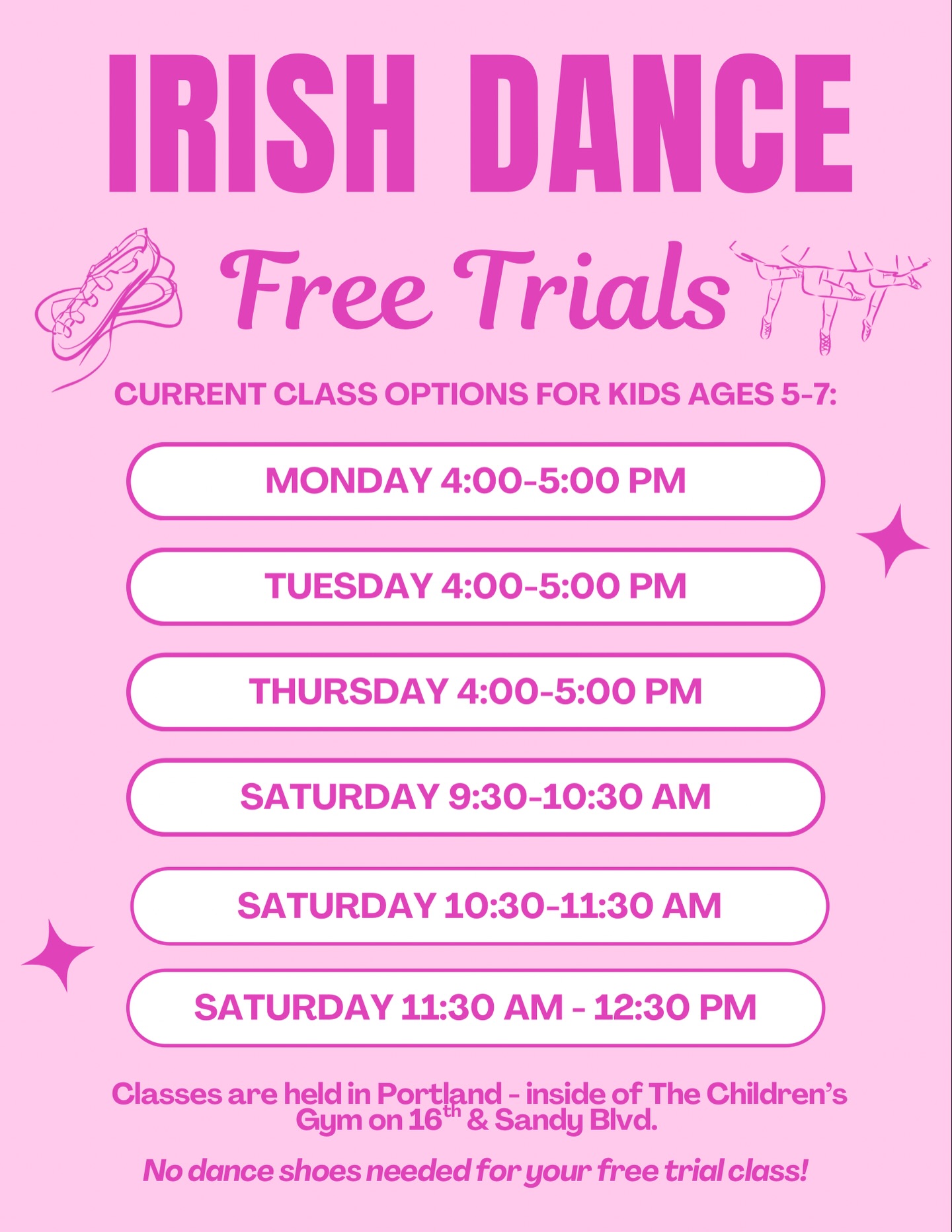 Happening now! Free trial Irish dance classes! ⭐️ No commitment & no dance shoes needed! Just a fun and free opportunity to try out Portland’s non-competitive Irish dancing program 🎉
Classes are held inside @thechildrensgym at 16th and Sandy Blvd 📍
RSVP online at www.oregonirishdance.com ✅
#danceclass #irishdance #pdx #portlandor #laurelhurst