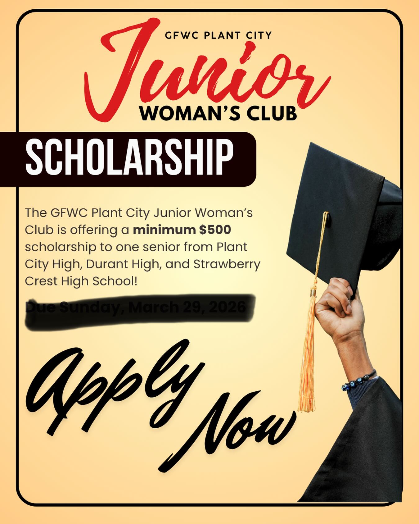 Scholarship extended to Sunday, March 5, 2026!!! Click on link below https://forms.gle/FG4T3fgrtaQLWmmXA
