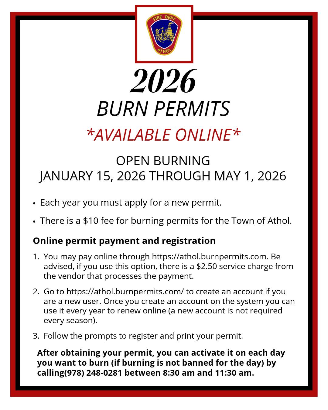 2026 open burning permits are now available online!
The burning season started on January 15, 2026, and will run through May 1, 2026.
Please visit our website to obtain your permit and review the updated regulations for this season.
#AtholFire #firesafety #brushburning #burnpermit