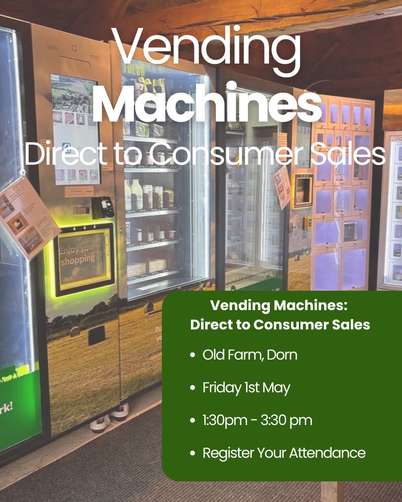 We’re really looking forward to our next Cluster Event at Old Farm, Dorn. 🌿
Join us to hear from Simon and Sarah, who’ve recently introduced vending machines to connect directly with more customers. They’ll be sharing the story behind their decision and how it’s working in practice.
We’ll also be joined by a FiPL officer, who will talk through funding opportunities in the region and how projects like this can be supported.
Come along for ideas, insight, and great conversation.
Don’t forget to register — link in bio ⬆️
#DirectToConsumer #SupplyChain #CotswoldFarming #SharingKnowledge #NECotsCluster