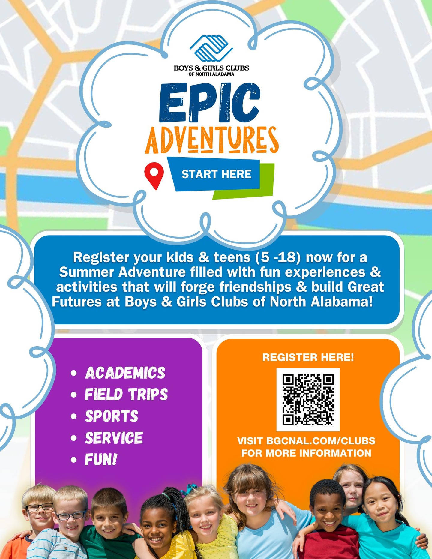 The adventure starts HERE!
Summer Registration is NOW OPEN at Boys & Girls Clubs of North Alabama! 🎉
This summer, every Club is embarking on its own EPIC Adventure — packed with academics, field trips, sports, service, and a whole lot of fun for kids & teens ages 5–18.
Spots are going FAST — some Clubs are already full!
Don't wait to secure your child's summer.
1. Visit BGCNAL.com/clubs to find your local Club, check availability, and get all the details.
2. Ready to register? Head to BGCNAL.com/registration to lock in your spot!
Let's make this the most EPIC summer yet. 🌟
