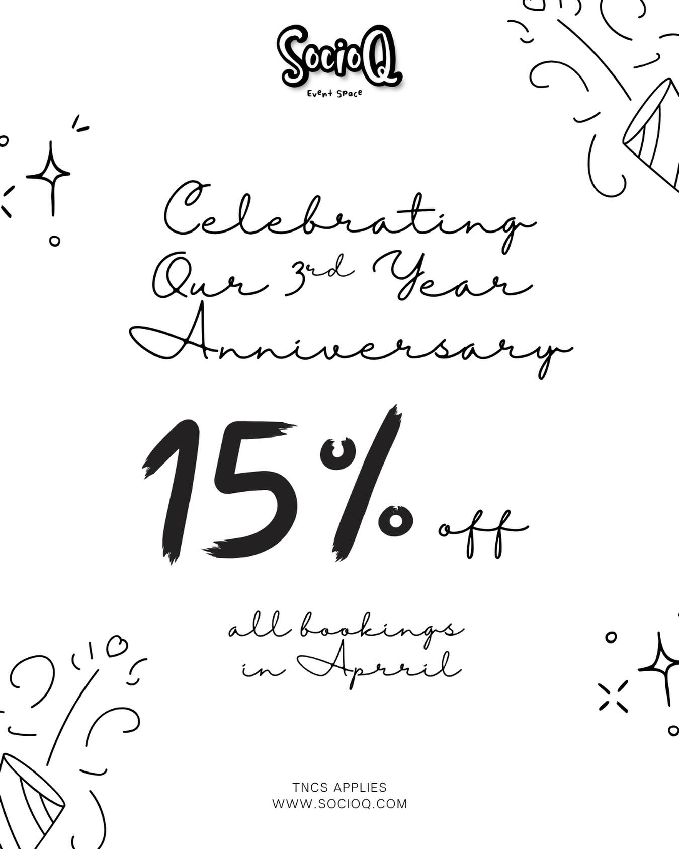SOCIOQ 3rd Anniversary Promotion | 15% Off Event Space Rental in Singapore
We’re celebrating SOCIOQ’s 3rd anniversary with a special 15% off event space rental for all bookings in April 🎉
Looking for a party venue in Singapore, birthday party venue, private event space, or corporate event venue? This April is the perfect time to book your celebration at SOCIOQ and enjoy discounted rental rates.
Our event spaces are suitable for:
Birthday parties
Corporate events
Private gatherings
Baby showers
ROM celebrations
Team bonding sessions
Family parties
Friends’ get-togethers
Thank you for supporting SOCIOQ over the past 3 years. We’re grateful to be part of so many special celebrations and memorable moments.
Message us now to check availability and book your preferred date in April.
#SOCIOQ #EventSpaceSingapore #PartyVenueSingapore #BirthdayPartyVenueSingapore #PrivateEventSpaceSingapore
