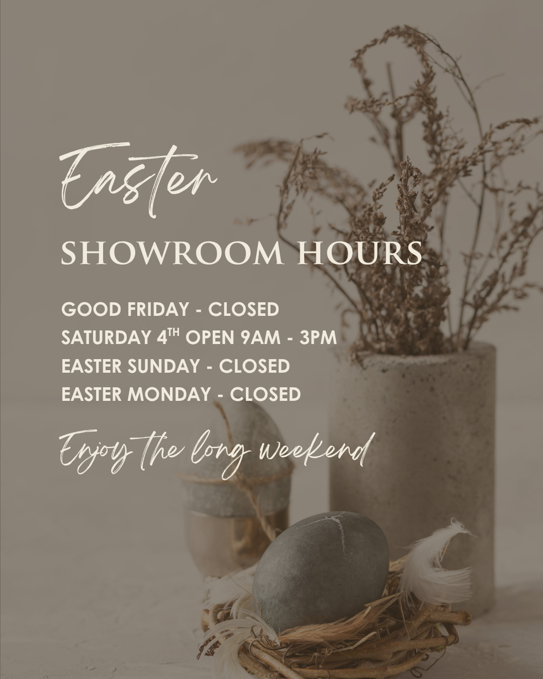 Wishing you a happy and relaxing Easter weekend from all of us at Gerrand Floorings! 🐣✨
We’ll be closed Good Friday and Easter Monday, but our showroom will be open Saturday 9am–3pm. Pop in for some flooring inspiration between hot cross buns!
Enjoy the break, however you’re spending it. 💛
#EasterWeekend #LongWeekendVibes #GerrandFloorings #ShowroomOpenSaturday