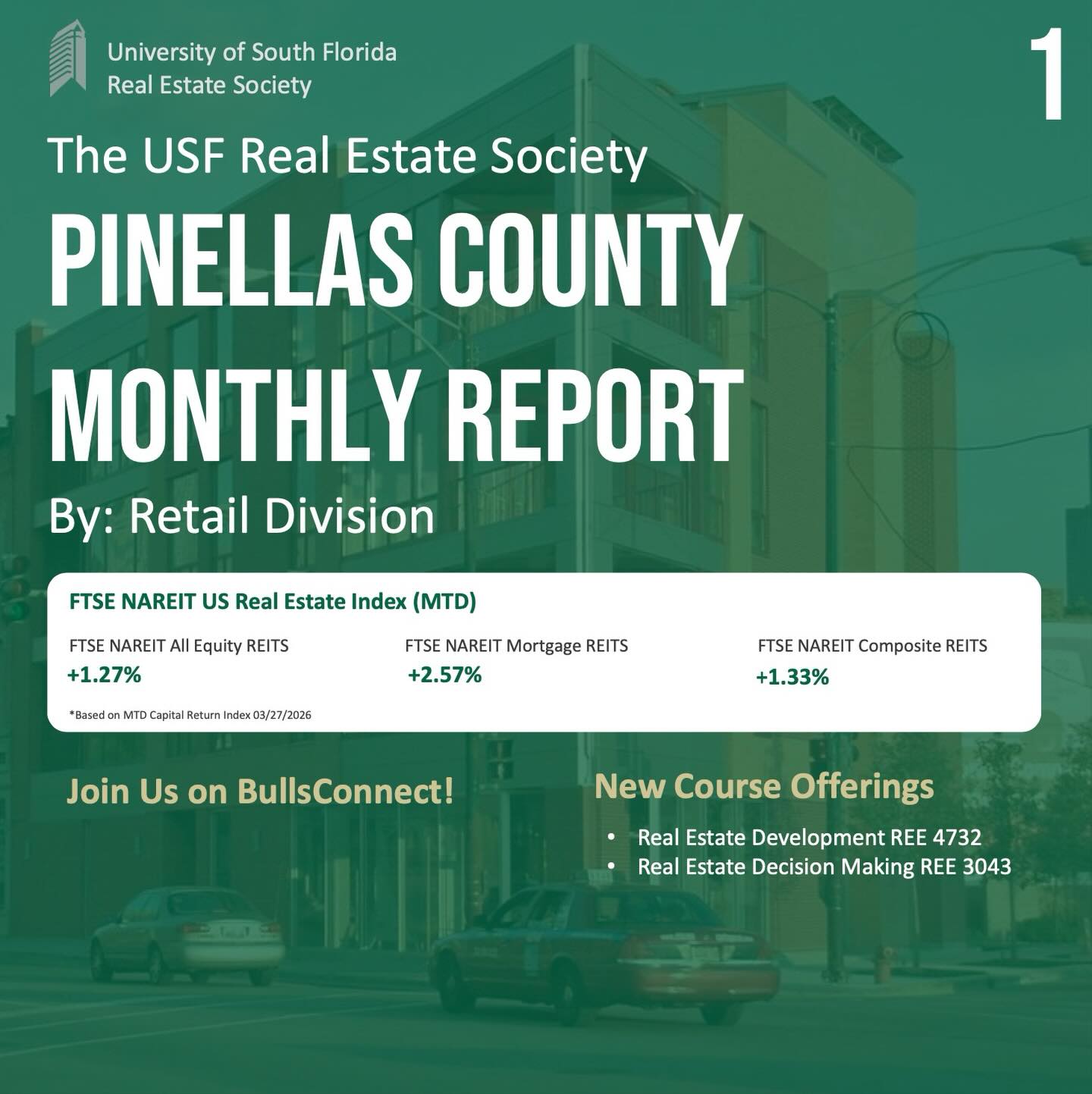 Retail Division | March Report
Pinellas County’s retail market remains healthy, with a vacancy rate of 4.6% and 61,200 SF currently under construction. Net absorption over the past year was negative 321,000 SF, reflecting modest softening in tenant demand, while the market cap rate stands at 6.8% across 58 million SF of inventory. Stable rental growth and limited new supply continue to support fundamentals, with leasing momentum expected to gradually improve in high-performing infill locations.
This month’s investment spotlight highlights Granada Plaza, a Publix-anchored shopping center located just off Main Street, which sees nearly 43,000 cars in daily traffic. The property totals 74,200 SF of rentable space, with three units remaining vacant, and is situated in a strong neighborhood with over $1 billion in buying power within three miles. The asset is well suited for high-net-worth individuals or institutions seeking steady annual cash flows and an attractive return on investment.
#realestate #commercialrealestate #usf #realestatesociety #resusf