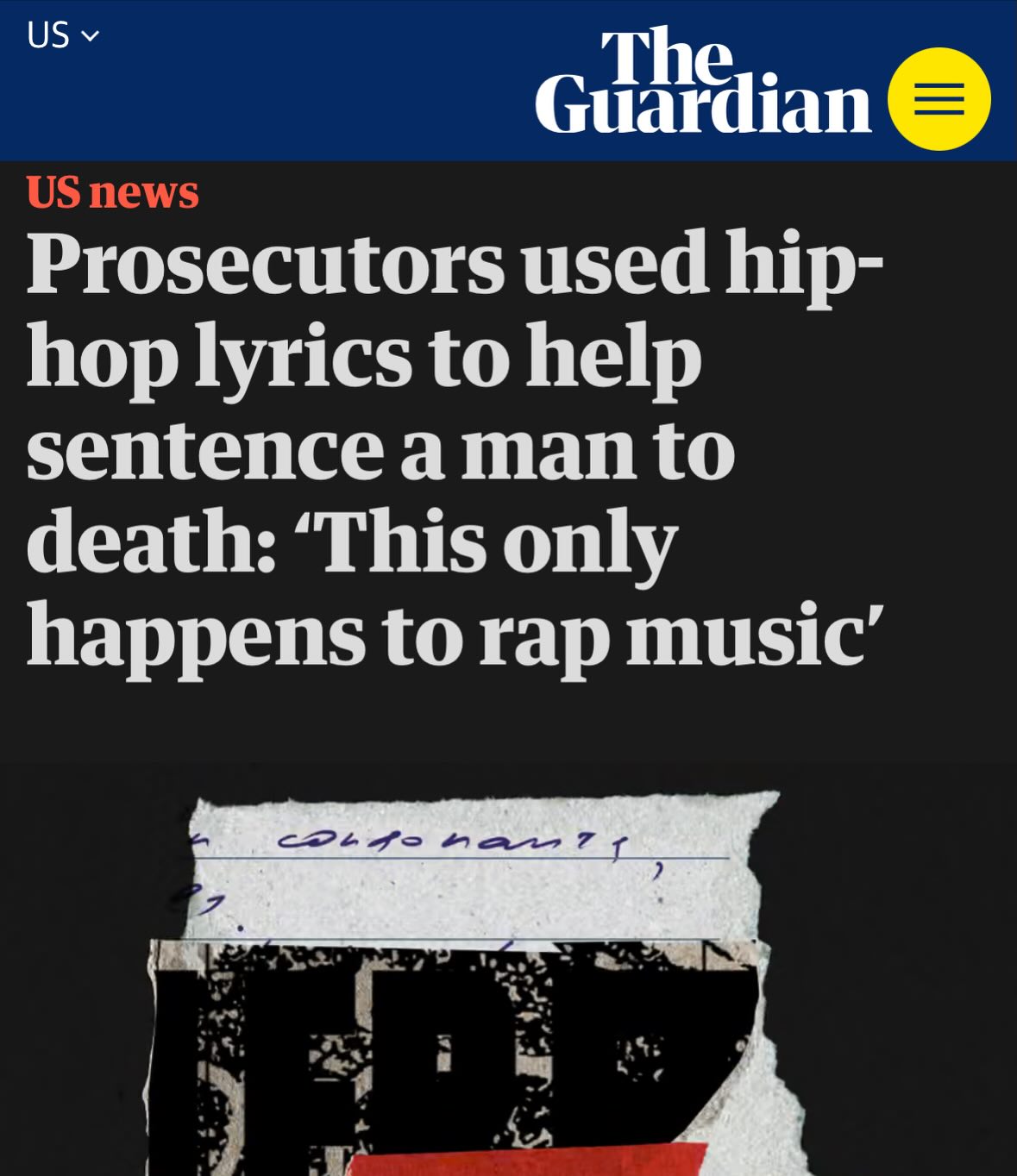 Thank you to @edpilkington and @guardian_us for covering the plight of James Broadnax, a man who will be executed by the State of Texas on April 30 if the US Supreme Court does not intervene. Broadnax was sentenced to death for little more than writing vague, generic rap lyrics, which prosecutors have argued make him a continued threat and necessary to execute. The story features our Free Our Art Chairman @kevinlileskwl and Legal Defense/Scholar Advisory Board Co-Chair @erikbkrva, and Free Our Art’s efforts to intervene in this shocking sentence to death. Check out coverage in the Guardian for more. #freeourart
