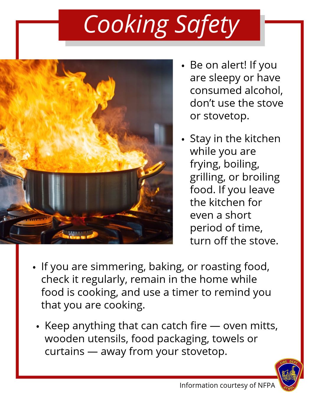 Cooking for Passover or Easter? Keep your holiday safe by staying in the kitchen while the stove is on and keeping flammable items away from the heat.
Have a safe and happy holiday!
#AtholFire #CookingSafety #Passover #Easter