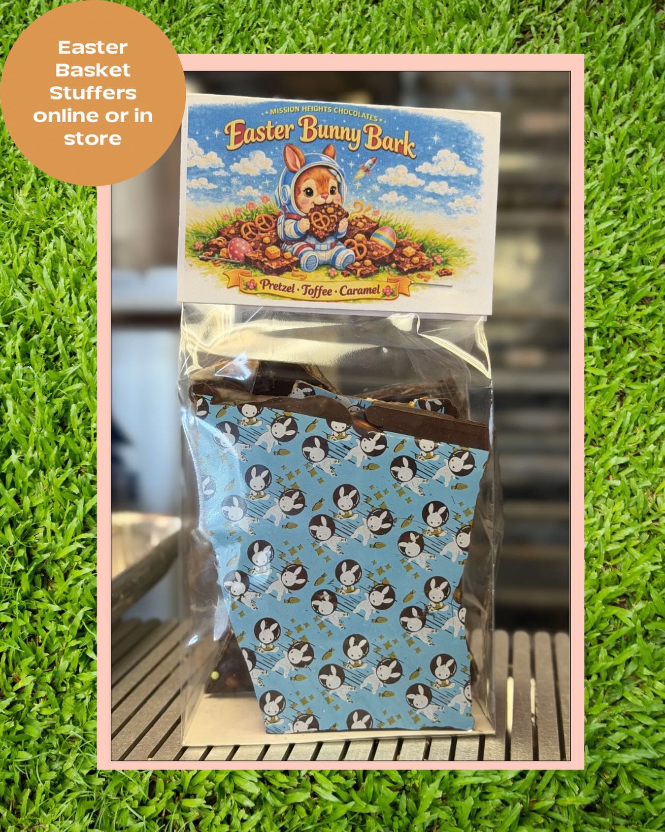 Blast off into Easter with our Space Bunny Bark — loaded with pretzels, toffee, caramel, and plenty of chocolatey crunch. Available now at Mission Heights Chocolates.
