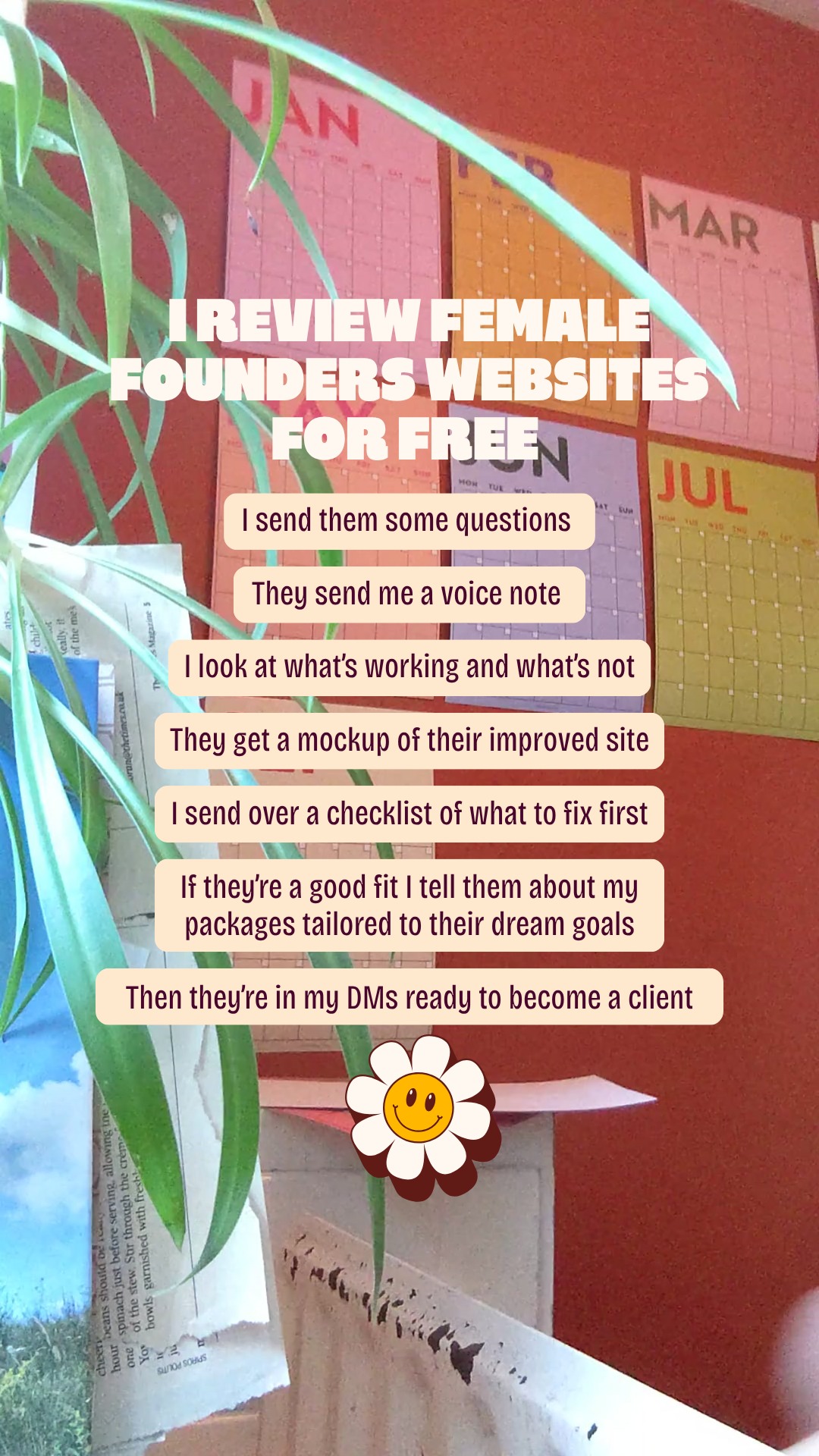 I review female founders' websites for free every week and this is exactly how it works:
1. I send you the questions
2. You reply with a voice note
3. I figure out what's working and what's not in your ux and design
4. You get a mockup of your improved site
5. I send you a checklist of what to fix first
6. You can make those changes yourself or choose a package that suits you
DM me your website and I'll hop to it.