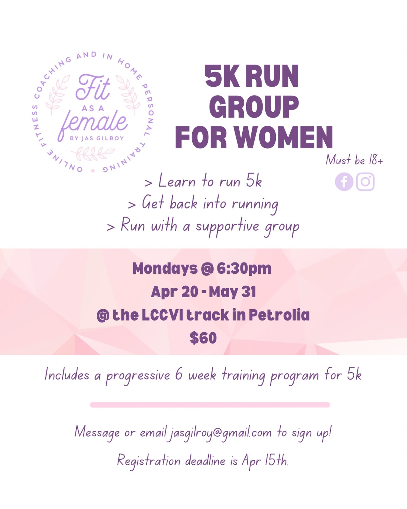 Ready to run your first 5K… or get back into running with support? 💜🏃♀️
I’m excited to be running my Women’s 5K Run Group for the 5th year — and it’s always one of my favorite programs to coach. Watching women build confidence, improve their endurance, and support each other each week is truly the best part.
This is for you if you:
✨ Want to learn how to run 5K
✨ Are getting back into running after a break
✨ Want accountability and support
✨ Enjoy being part of a motivating group of women
You’ll receive a progressive 6-week training program, weekly guidance, and a supportive group to keep you motivated every step of the way.
Whether you’re starting from walking, run-walk intervals, or already running — you’re welcome here. 💜
Message me or email jasgilroy@gmail.com by Apr 15 to sign up!
Tag a friend who should join you 👇