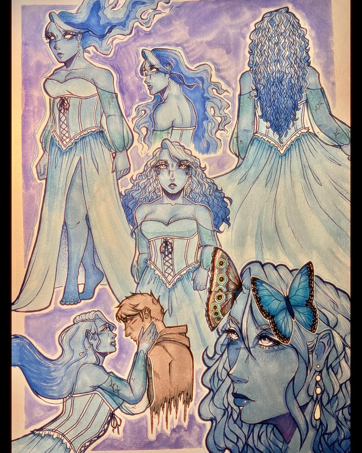 Caroline 🦋🩵✨
-
Deceased.
Trapped in order to control Azrael’s spawn. Yet the spawn doesn’t know she’s somewhere else. She is a banshee per se….trapped in a castle like a bird in its birdcage. Her emotions are conveyed through her hair sparking up a fire or curls. The only things she longs for are her friends, feeling alone and not able to do anything she can only daydream for one day hoping that her knight will save her.
-
-
-
Hi, so I’m alive, I’ve been on hiatus for a while due to school obviously and I can say I’m graduating college let’s goooo and I’ll be pursuing university for the fall to become an art teacher so that’s exciting 👉👈
Now that I’m not busy for the summer I’ll be working on drawing because I’ve missed it so much and I would love to enhance my skills in gouache painting so more to come this summer
-thanks ;)))))
-
#oc #ocdrawing #traditional #ghost #drawing #sketch #sketchbook #watercolors #winsorandnewton #alcoholmarkers #imbackbitches #art #arts #artistsoninstagram #artgallery #artist #traditionalart #blue #ocs #gellyroll #micron