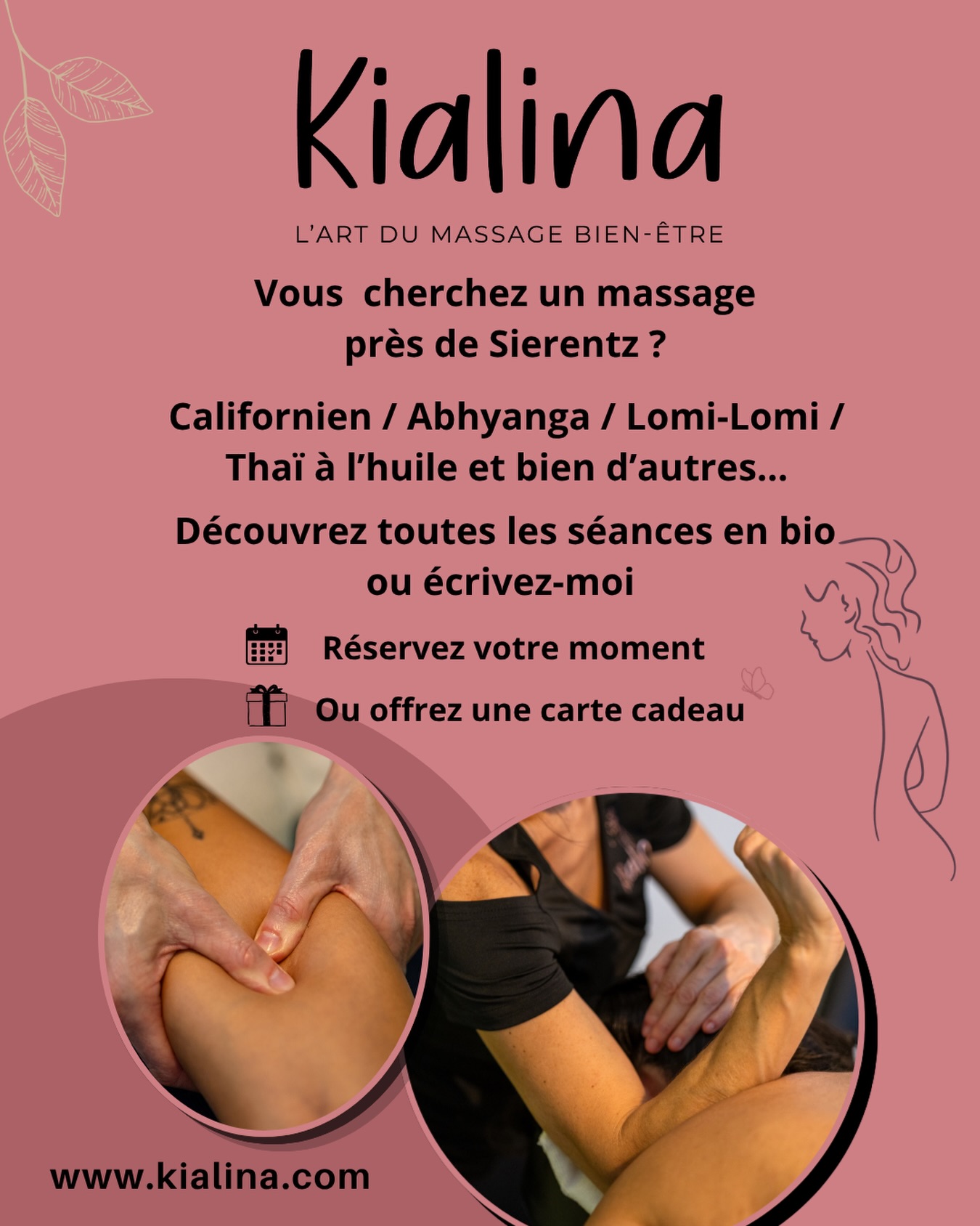 🌸 Et vous, depuis quand n’avez-vous pas pris du temps pour vous ?
On court, on donne, on gère… et on oublie souvent l’essentiel 🌿
Pourtant le corps comme l’esprit ont besoin de relâcher 💫
C’est ce que je vous propose chez Kialina, à Sierentz ✨
Découvrez les séances en bio ou écrivez-moi ! #massagebienetre #sierentz #praticiennebienetre #bienetre68 #massageabhyanga