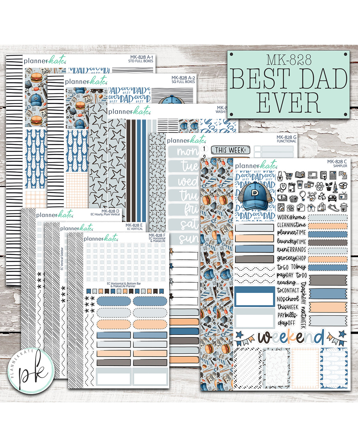 PlannerKate June Sneaks are LIVE on the PK Blog today!! See you Monday for the June Release at 9am EST!!
MK-828 BEST DAD EVER
Celebrate Dad in style with Mini Kit MK-828: Best Dad Ever—a thoughtfully designed collection perfect for planning a memorable Father’s Day. This kit features a classic yet playful mix of patterns, including charming prints of baseball hats and ties, all brought together with rich blue and warm brown hues. It strikes that perfect balance between fun and timeless, making it easy to create spreads that feel both meaningful and stylish. Whether you're organizing a backyard barbecue, a family outing, or simply marking the day with appreciation, Best Dad Ever adds a special touch to your planner. It’s a simple, creative way to honor all the dads and father figures who deserve to be celebrated. 💙