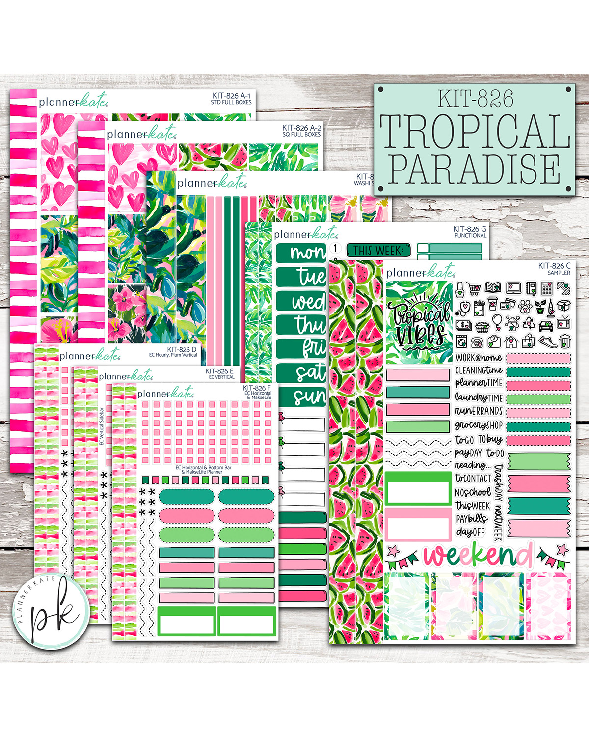 PlannerKate June Sneaks are LIVE on the PK Blog today!! See you Monday for the June Release at 9am EST!!
KIT-826 TROPICAL PARADISE
Escape to a vibrant getaway with Kit 826: Tropical Paradise—a bold and playful mix of bright pink hues and lush tropical greens that instantly brings the feeling of sunshine and palm trees to your planner.
This kit is all about that carefree, summer energy. The striking color palette pops on the page, while the tropical elements add just the right amount of fun and escape. Whether you're dreaming of sandy beaches or just trying to make your everyday plans feel a little more exciting, Tropical Paradise delivers those vacation vibes in the best way.
Even if a tropical trip isn’t on your calendar, your planner can still feel like a destination. With this kit, every spread becomes a mini escape—bright, cheerful, and full of life. 🌴💗