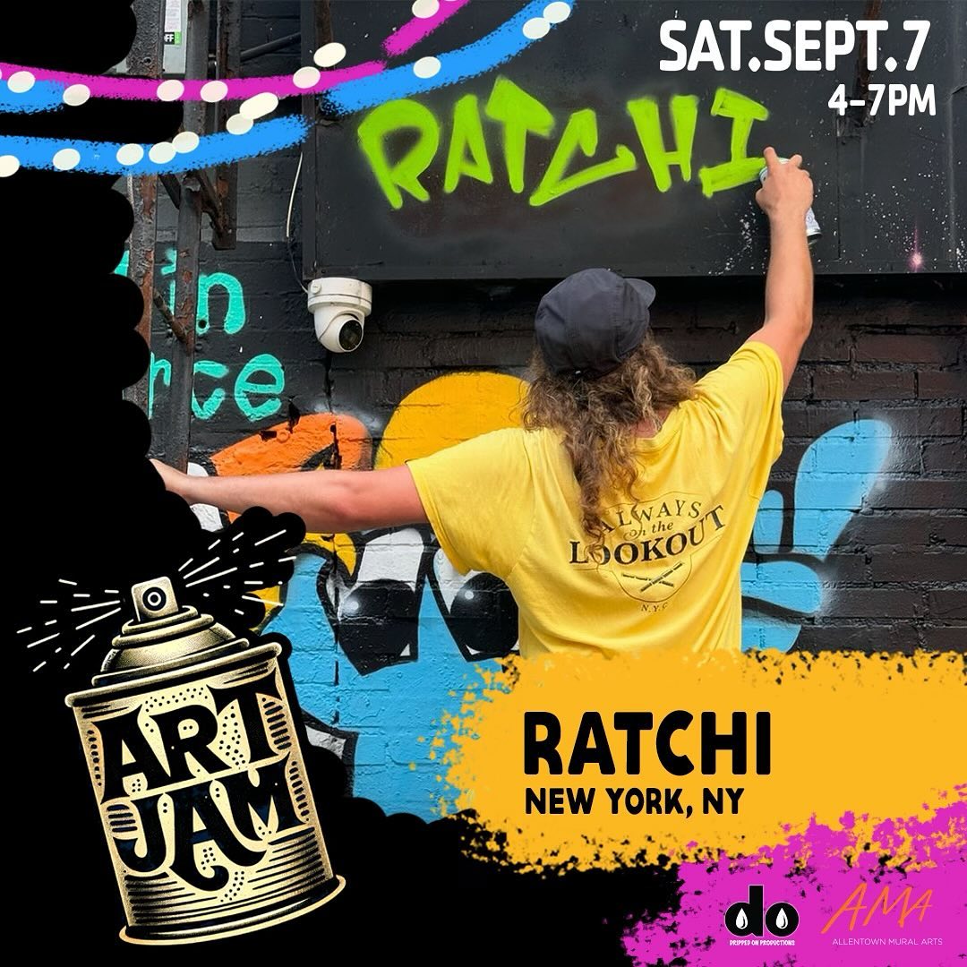 @ratchinyc is coming to Downtown Allentown for Art Jam!🖌️🎨
•
Ratchi is a born and raised New York graffiti and street artist. Ratchi found his love for art from the streets of Brooklyn and downtown Manhattan. The tagged up walls, torn advertisements and garbage strewn sidewalks with iridescent puddles and pungent aromas inspired him more than the Soho galleries or artworks hanging in the famous museums he walked by and visited throughout his childhood. Ratchi watched the people, the bohemians, the homeless, the punks, the Rastas, the fashionistas it was all there, together, side by side living in harmony. The streets were talking and Ratchi listened.
Ratchi draws from his passions and experiences trying to spread joy to the masses, even forcing it upon them with stickers and murals for the public to find and hopefully brighten their day. The unintentional interactions the public has with murals, street art and graffiti compel Ratchi to keep on creating. Those moments when someone gives thanks and appreciation for making their day better by simply seeing an image on a wall is all the motivation he needs to find another surface to paint.
•
We can’t thank @ratchinyc enough for all his hard work in helping us prepare for Art Jam! Don’t miss Ratchi and 17 additional Mural artists this Saturday on the PATH (932 Hamilton St)🤩
📸 @catscoffeecreativity