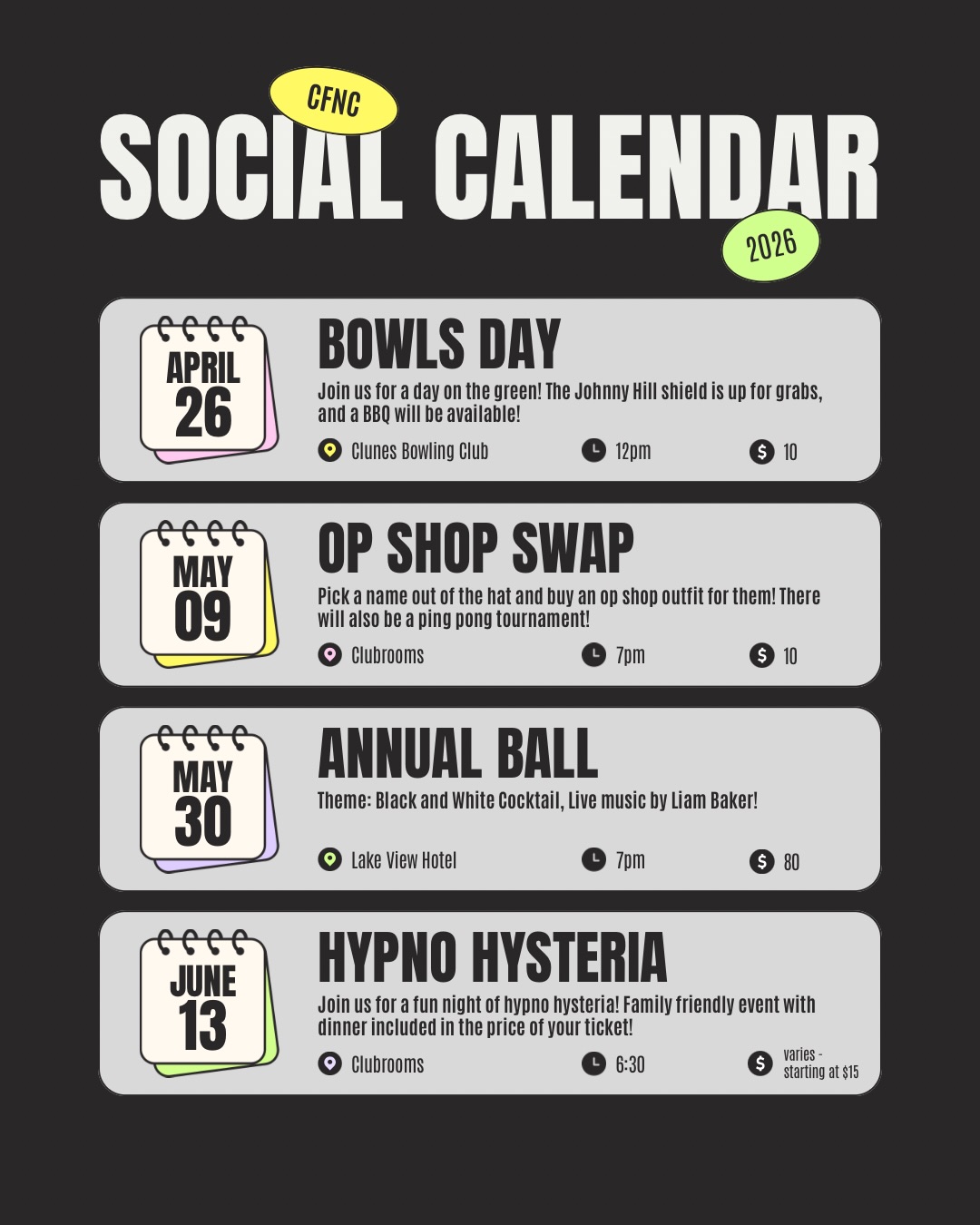 IT’S HERE!! 🕺🥂
The social committee have been working to get some fantastic events organised for you this season!
Check out what we’ve got coming up, an stay tuned for more information as each event approaches!