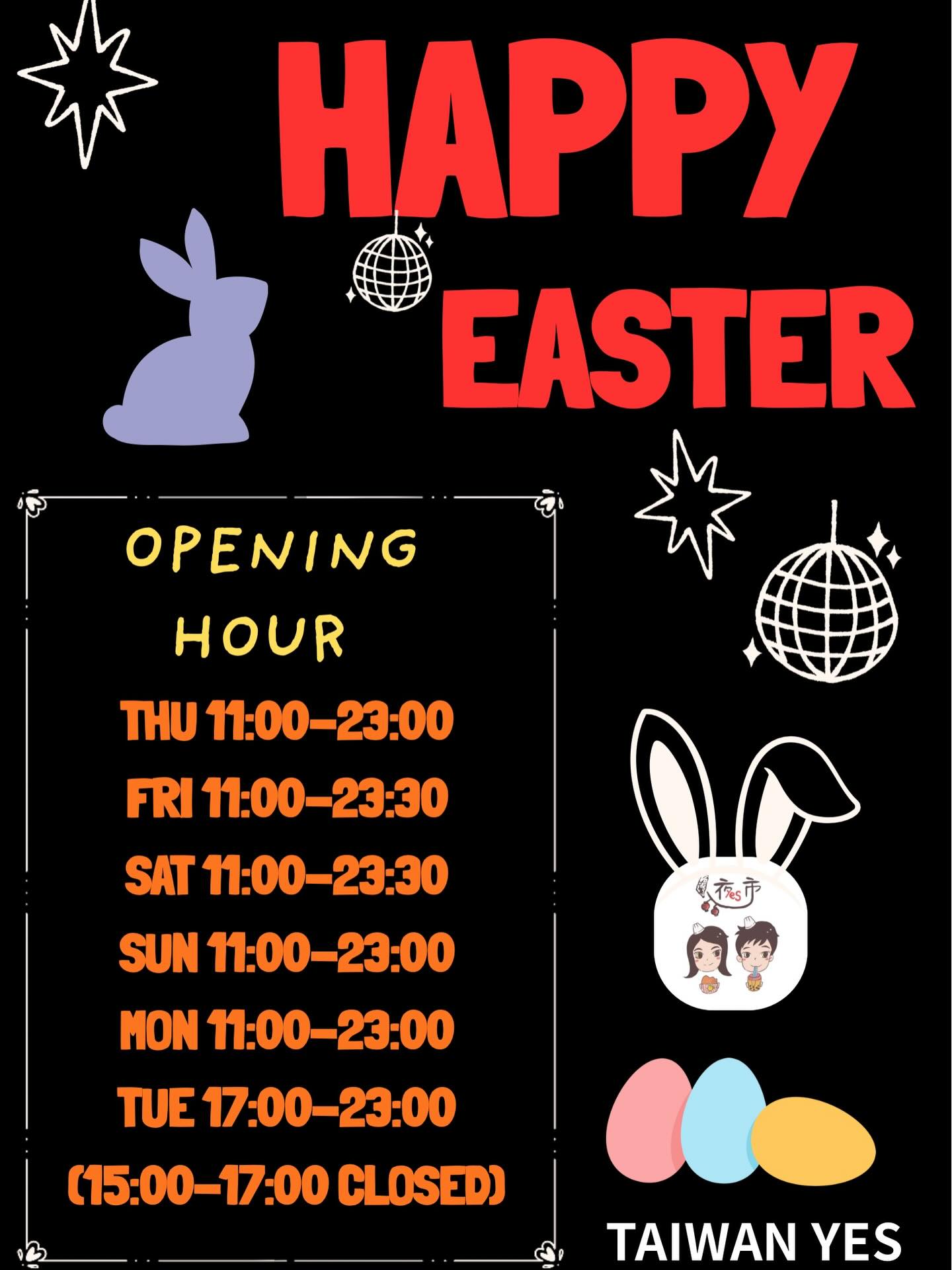 ❤️❤️2026Happy Easter ❤️❤️❤️
🐣🐣🐣🐣🐣Our opening time
🥚Thursday -11:00~23:00
🥚Friday -11:00~23:30
🥚Saturday -11:00~23:30
🥚Sunday -11:00~23:00
❤️Monday -11:00~23:00❤️
🥚Tuesday -17:00~23:00
💕Wednesday Close💕
(15:00~17:00closed)
#melbourne#taiwanyes#clayton#foodaustralia
#台灣夜市小吃鹹酥雞滷肉飯蛋餅黑糖珍珠奶茶刈包