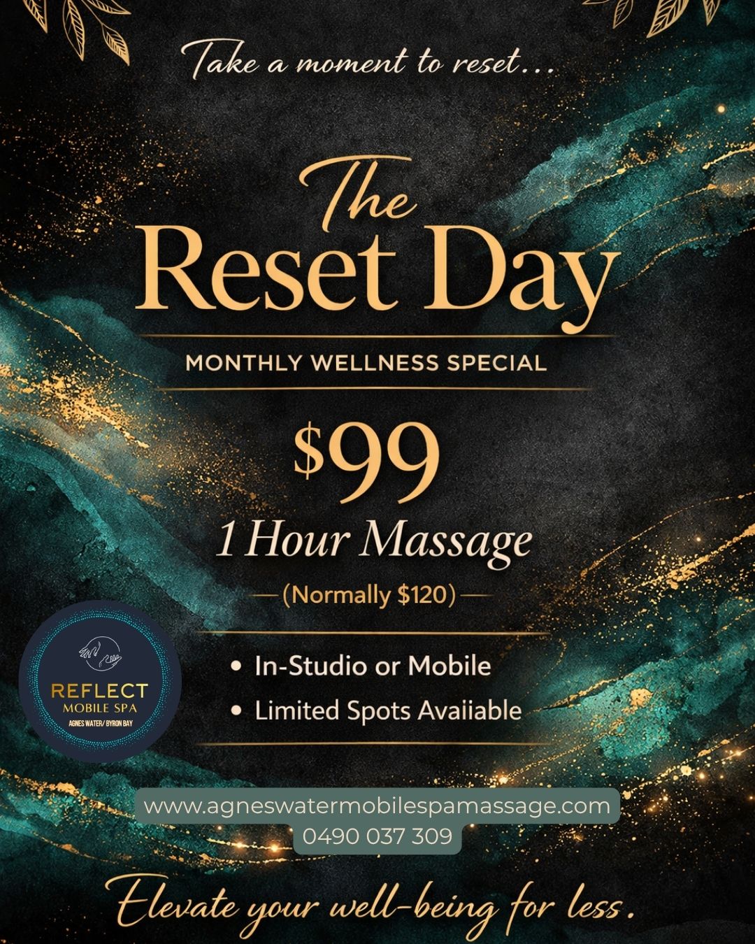 Fuel up. Bills up. Stress up.
So we’re bringing the price down.
$99 Reset Day — April 29 only
All massages usually $120
Remedial • Deep Tissue • Cupping • Relaxation
Mobile + In Studio
Take an hour to reset — without the guilt
Limited spots — quote RESET DAY
Book now:
Send us a message here or request through
www.agneswatermobilespamassage.com
#reflectmobilespa #visitagnes1770 #nocompromiseforselfcare