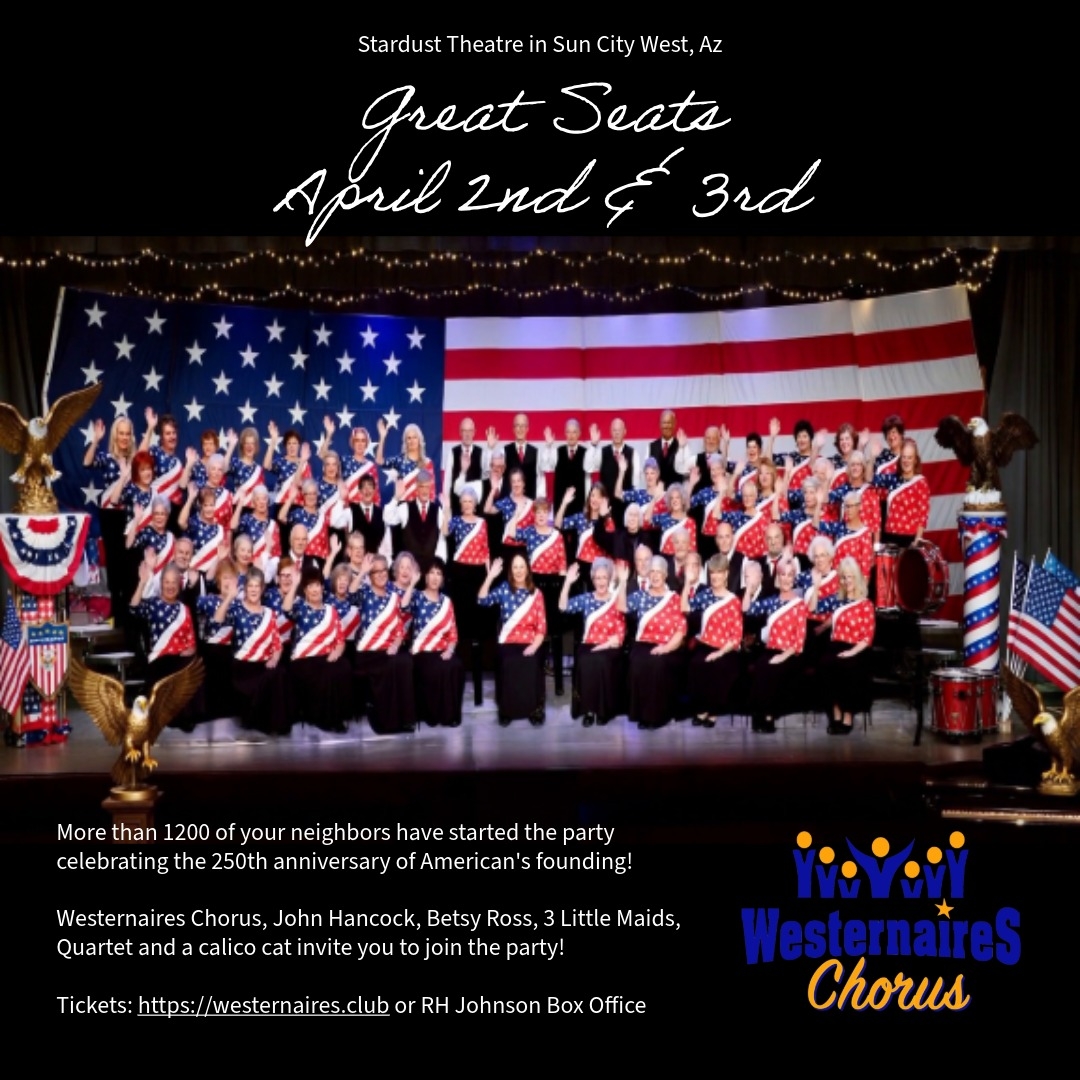 The Party has STARTED! Join us on April 2 @ 2pm or April 3 at 7pm for "Let Freedom Sing". Tickets on sale at https://westernaires.club or the RH Johnson Box office til 90 minutes before show time. $15 tickets, if available, can be bought at the door with cash or check only.