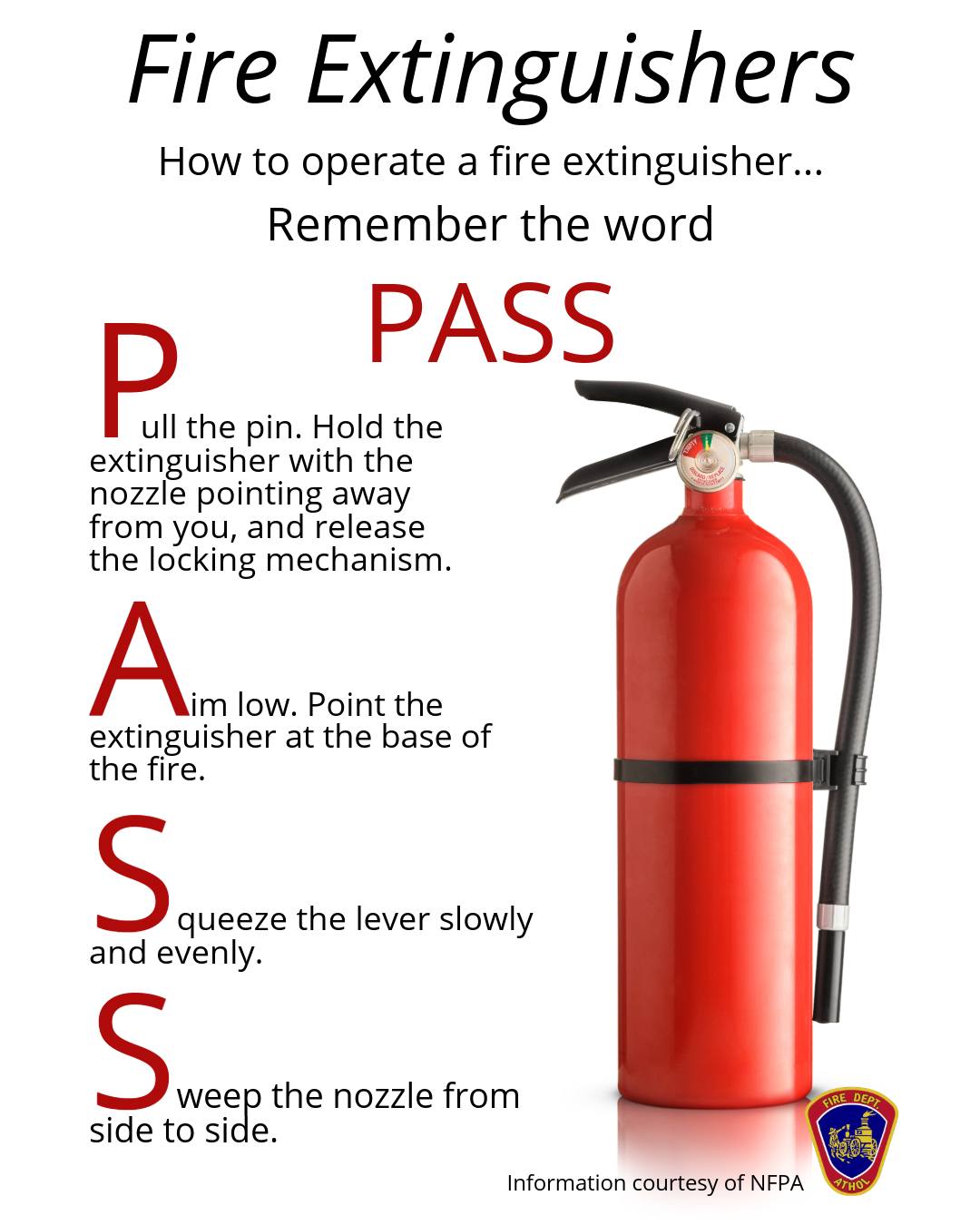Is your home prepared? Every household needs a fire escape plan, functional smoke detectors, and a portable fire extinguisher. Follow these tips on how to use a fire extinguisher safely.
#AtholFire #FireSafety #NFPA #BePrepared