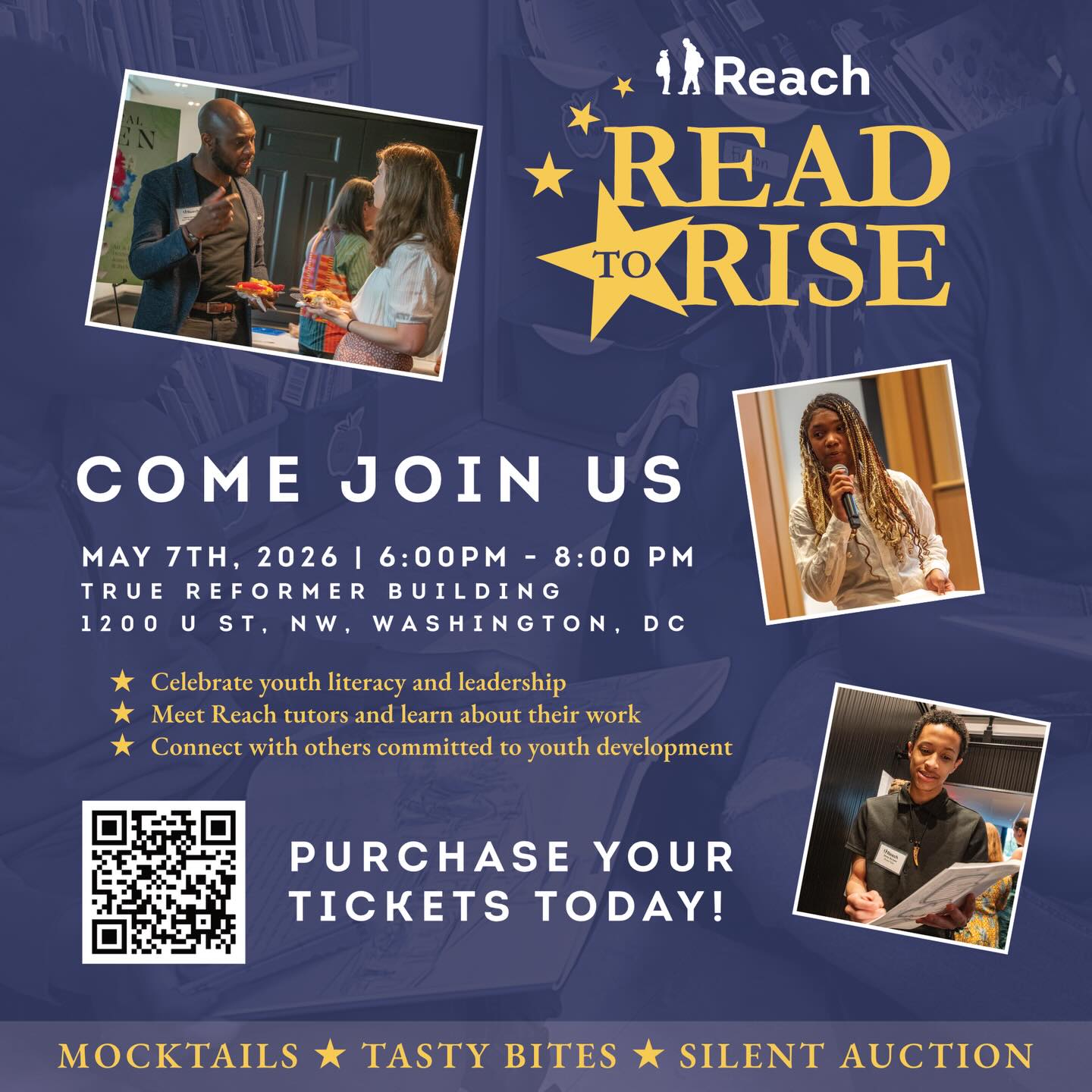 You’re invited to Read to Rise 2026! 🌟
Reach recognizes that literacy is the foundation of lifelong learning.
By attending Read to Rise, you’re directly supporting the Class of 2026—22 Reach seniors stepping into bright futures. Your ticket helps fund critical scholarships, empowering young leaders to continue to rise.
Tickets are available now, grab yours and come support Reach seniors!