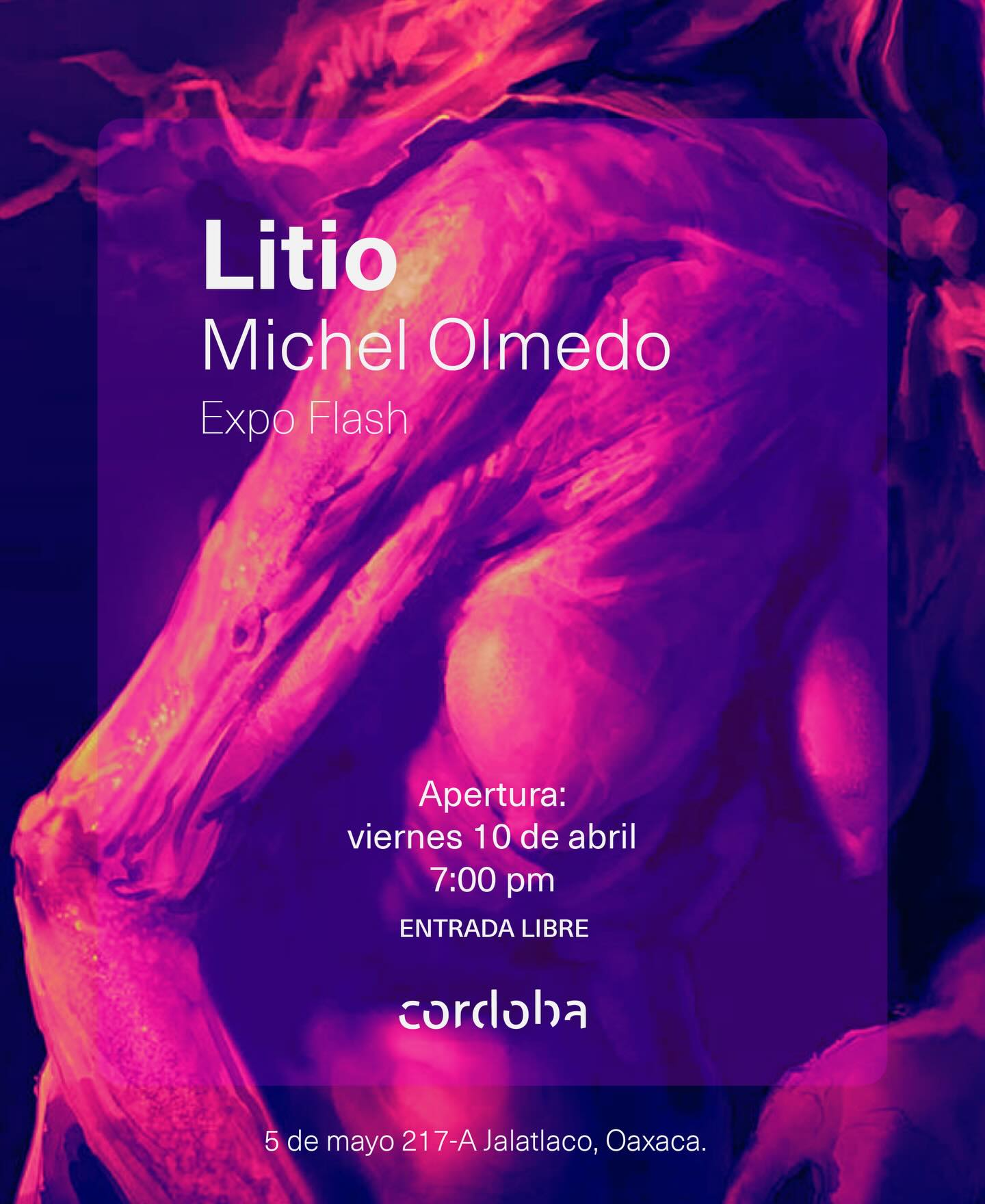 Litio - Michel Olmedo @mikkky333
Expo flash en @cordoba_lab
Una muestra multimedia construida desde la experiencia personal del artista.
Animación, sonido, pintura y texto se entrelazan en una narrativa que explora internamientos psiquiátricos, percepciones alteradas y sus efectos
🗓 Viernes 10 de abril — 6:00 pm
📍 5 de mayo 217 A Jalatlaco,Oaxaca
Entrada libre