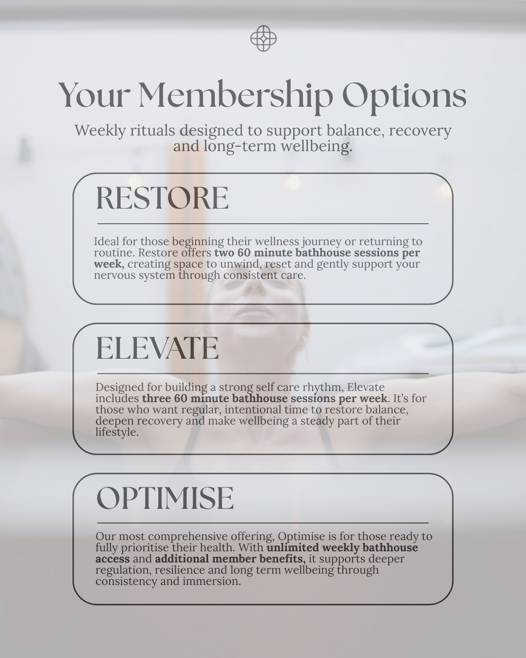 Our Therapeutic Bathhouse Memberships are designed to make consistent, meaningful self-care part of your weekly rhythm.
Each membership level offers regular access to our outdoor therapeutic bathhouse, supporting nervous system regulation, physical recovery and overall wellbeing through intentional, repeat rituals. Whether you’re just beginning to prioritise your health or looking for deeper immersion and consistency, there’s a membership designed to support where you’re at.
🌿Restore is ideal for those seeking a gentle reset and a return to routine.
🌿Elevate supports a stronger self-care rhythm with more frequent visits and added flexibility.
🌿Optimise is our most comprehensive offering, created for those ready to fully invest in long-term wellbeing and deeper restoration.
Each tier has been thoughtfully structured to support balance, recovery and sustainability, not quick fixes, but care that builds over time.
To learn more about our memberships, visit our website or phone the spa. Our team would love to guide you through the options and help you find the right fit for your lifestyle.
#NovaHolisticSpa #TherapeuticBathhouse #WellnessMembership #HolisticWellbeing #HobartWellness #TasmaniaSpa #NervousSystemSupport #SelfCareRoutine #WellbeingJourney #NovaSpa