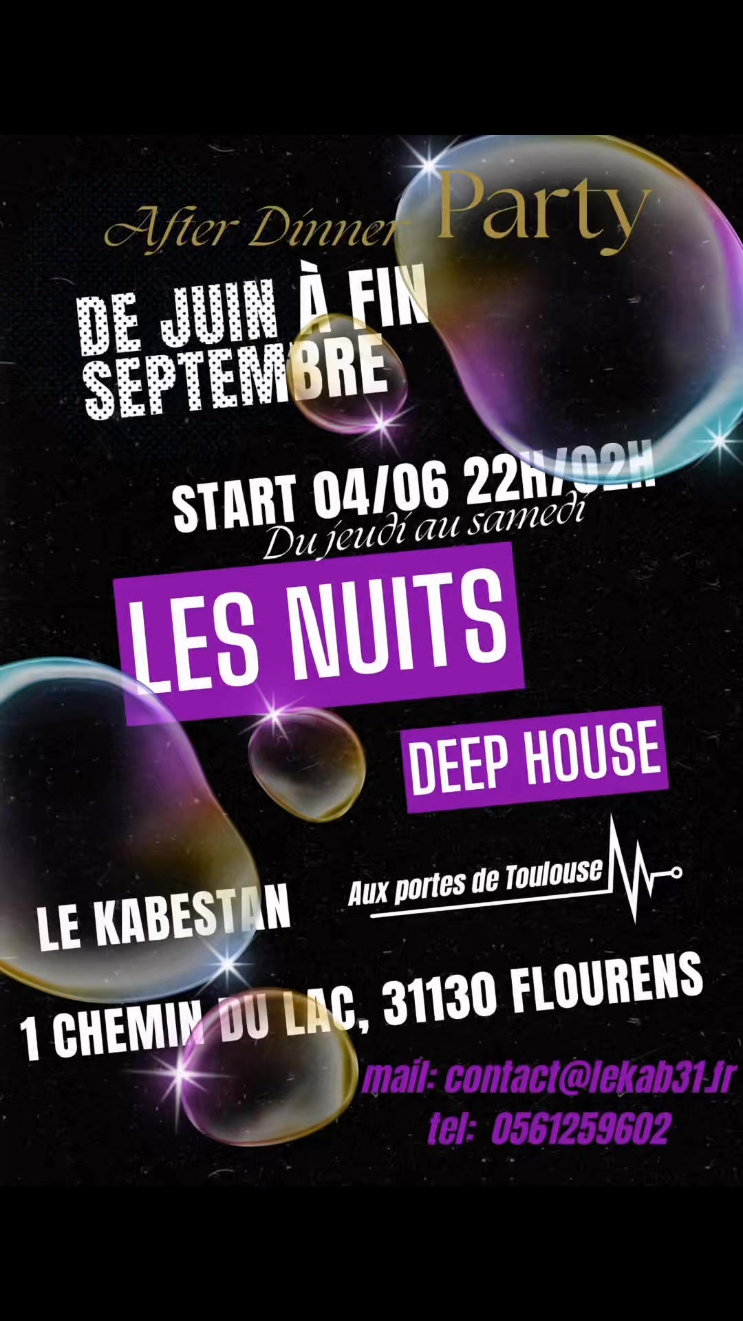 🌙✨ AFTER DINNER PARTY ✨🌙
Les nuits arrivent au Kabestan… et elles s’annoncent inoubliables 🔥
(aux portes de Toulouse)
🎶 Deep House vibes
🍸 Cocktails & ambiance unique
🌿 Un cadre exceptionnel au bord d’un immense lac
📅 Du 4 juin à fin septembre
🕙 Du jeudi au samedi – 22h / 02h
📍 Le Kabestan
1 chemin du Lac, 31130 Flourens
📞 Réservations : 05 61 25 96 02
📩 contact@lekab31.fr
Préparez-vous à vivre vos plus belles soirées d’été… 🌌🥂