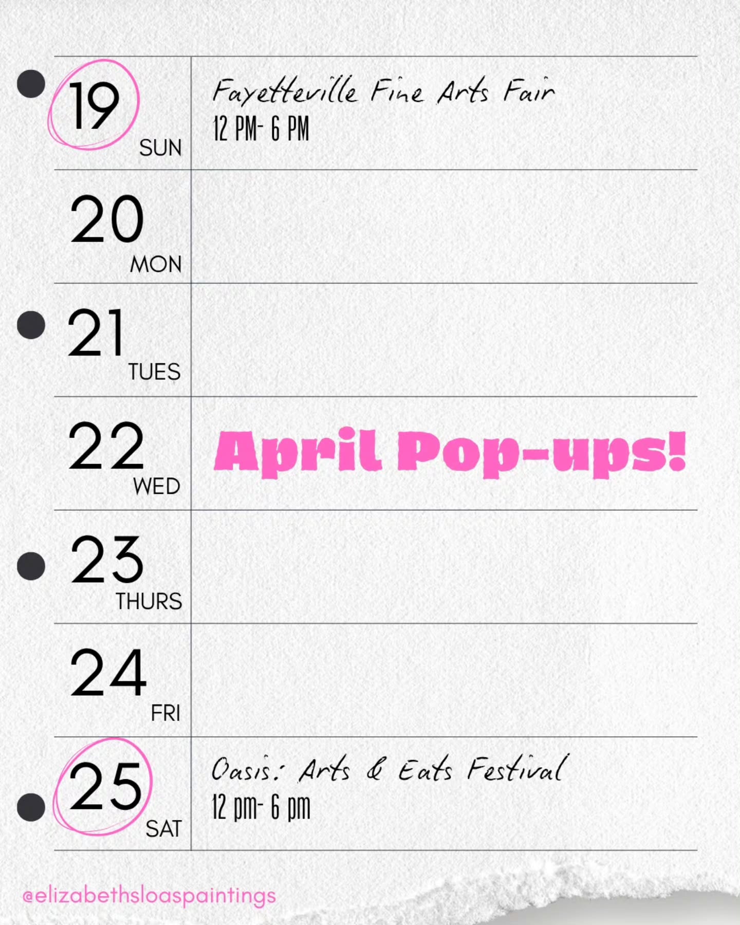 ✨ April Pop-Ups Are Here! ✨
Come shop my latest paintings in person, say hi, and support local art! 💕
Fayetteville Fine Arts Fair
🗓 Sunday, April 19
📍 Fayetteville, Arkansas
⏰ 12 PM – 6 PM
Oasis: Arts & Eats Festival
🗓 Saturday, April 25
📍 Jonesboro, Arkansas
⏰ 12 PM – 6 PM
Mark your calendars—I’d love to see you there! 🎨💖
#AprilPopUps #ArtFair #SupportLocalArtists #FayettevilleArt #ArtFestival