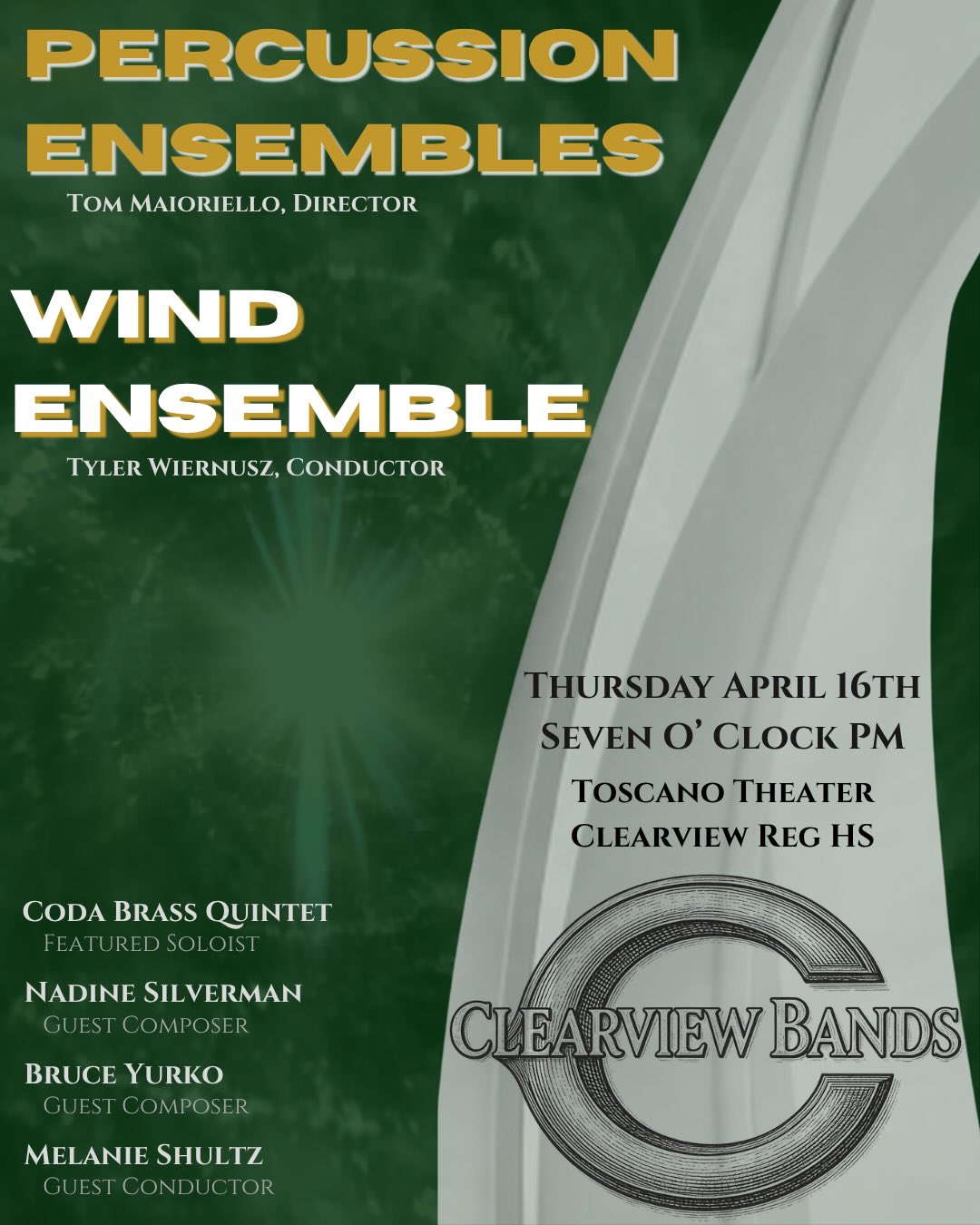 Next week the Wind Ensemble and the High School Percussion Ensembles present their annual Spring Concert. We will honor our Seniors in the Class of 2026, as well as present some fantastic music with some special guests.
The concert features the World Premier of @nadine.clarinet’s “Supernova” for Wind Ensemble and Brass Quintet, featuring @codabrassquintet. The Wind Ensemble will also perform Bruce Yurko’s “In Memoriam: Kristina” for its 30th Anniversary. The piece was written by the composer for Clearview Regional High School in memory of student Kristina Damm on the event of her passing in 1995.
We hope you will join us for this fantastic concert!