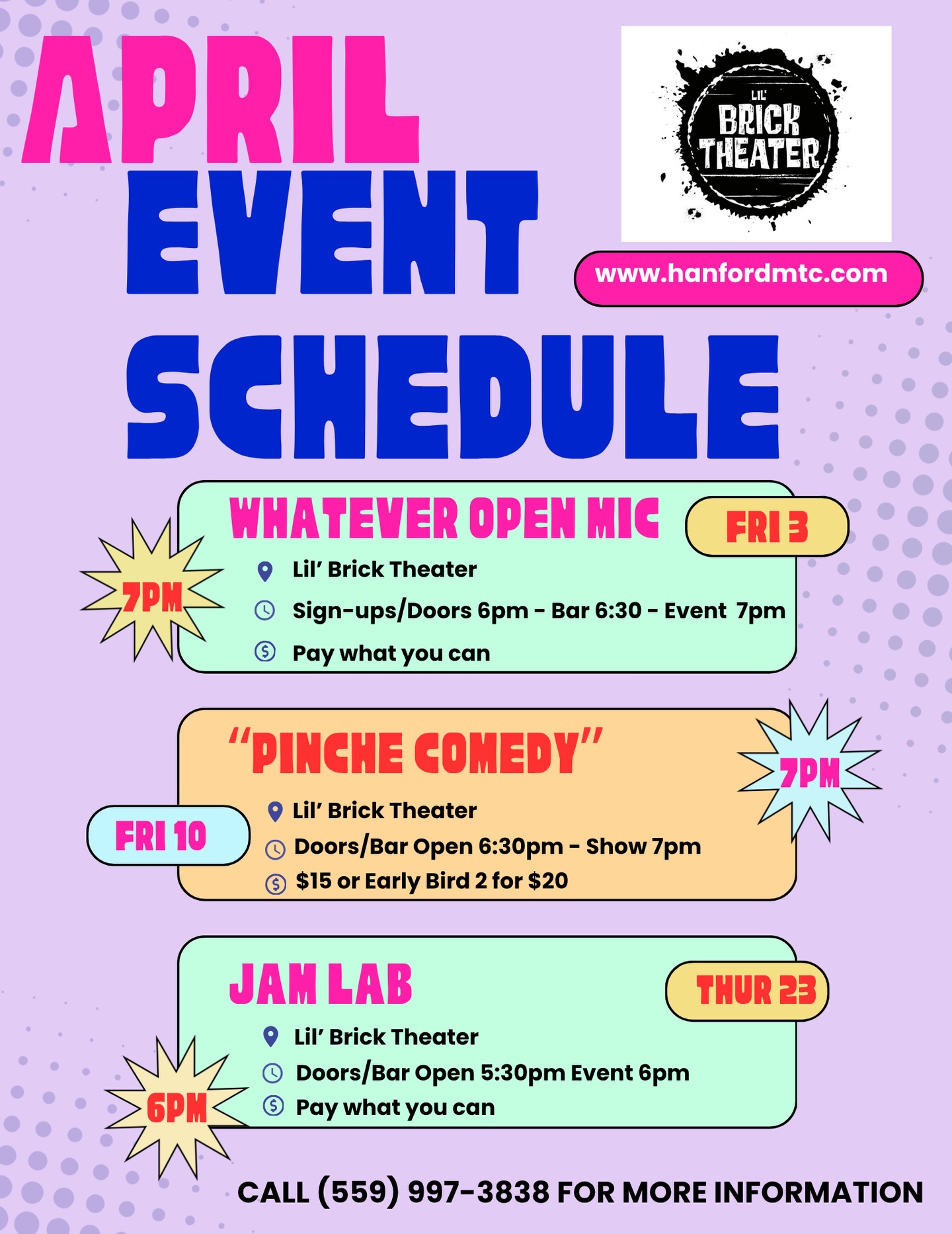 This month’s events at The Lil’ Brick Theater!!