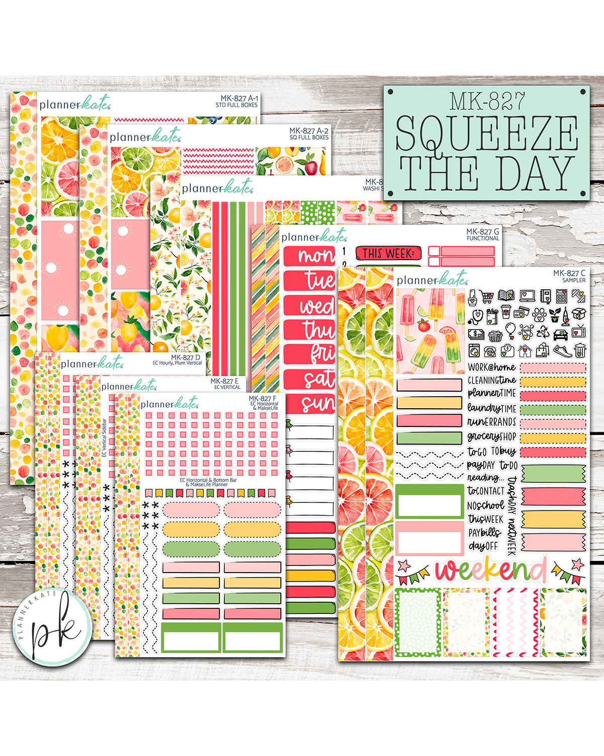 PlannerKate June Sneaks are LIVE on the PK Blog today!! See you Monday for the June Release at 9am EST!!
MK-827 SQUEEZE THE DAY
Add a burst of fresh, feel-good color to your spreads with Mini Kit MK-827: Squeeze the Day! This citrus-inspired kit is packed with vibrant orange hues, perfectly balanced by soft, muted pinks and greens for a look that’s both bold and beautifully cohesive. Think juicy lemon slices, zesty limes, and bright orange accents sprinkled throughout your pages—bringing an energizing, summery vibe to even the busiest of weeks. The mix of punchy color and softer tones makes this mini kit incredibly versatile, whether you're planning sunny adventures or just want to brighten up your everyday routine. If you’re craving something cheerful, playful, and just a little bit refreshing, Squeeze the Day is the perfect pick to add that extra pop to your planner. 🍋✨