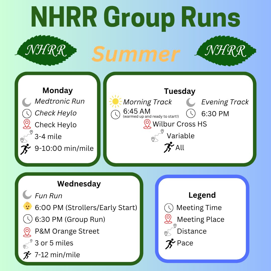 Hey runners! It’s that time of year again. We’re officially shifting into our summer schedule for group runs.
A few updates to note: there will be no Monday morning run, and our Wednesday evening fun run is still at 6:30 PM but now starts from P&M on Orange Street (@pmorangest), with an optional 6:00 PM early start (strollers and all paces welcome). Our Friday fun runs are moving to Armada Brewing (@armadabrewing) at 6:00 PM 🍻
Monday evening runs with Medtronic will vary, so be sure to check Heylo each week for the latest details.
Hope to see some new and familiar faces out there. As always, feel free to DM us with any questions and check Heylo for updates. Happy running! HEYLO ➡️ https://heylo.group/newhavenroadrunners