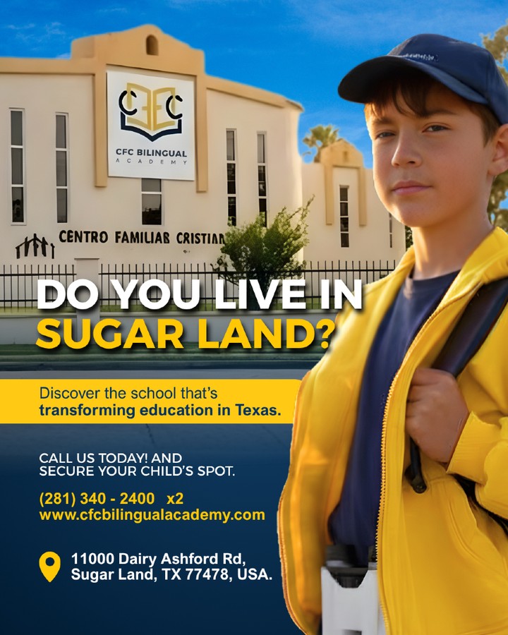 Do you live in Sugar Land? 📍 We are closer than you think!
Discover the school that is transforming education in Texas. At CFC Bilingual Academy, your children will find a second home where academic excellence, Spanish enrichment, and Christian values meet. 🌟📖
Don't wait any longer to secure their spot! We are ready to welcome your family.
Contact us today:
📱 WhatsApp: +1 (281) 541 - 0131
📞 Call: (281) 340-2400 x 2
📍 11000 Dairy Ashford Rd, Sugar Land, TX
🌐 www.cfcbilingualacademy.com
#SugarLandTX #SugarLandMoms #TexasEducation #BilingualSchool #ChristianAcademy #CFCBilingualAcademy #EnrollNow #LocalSchool