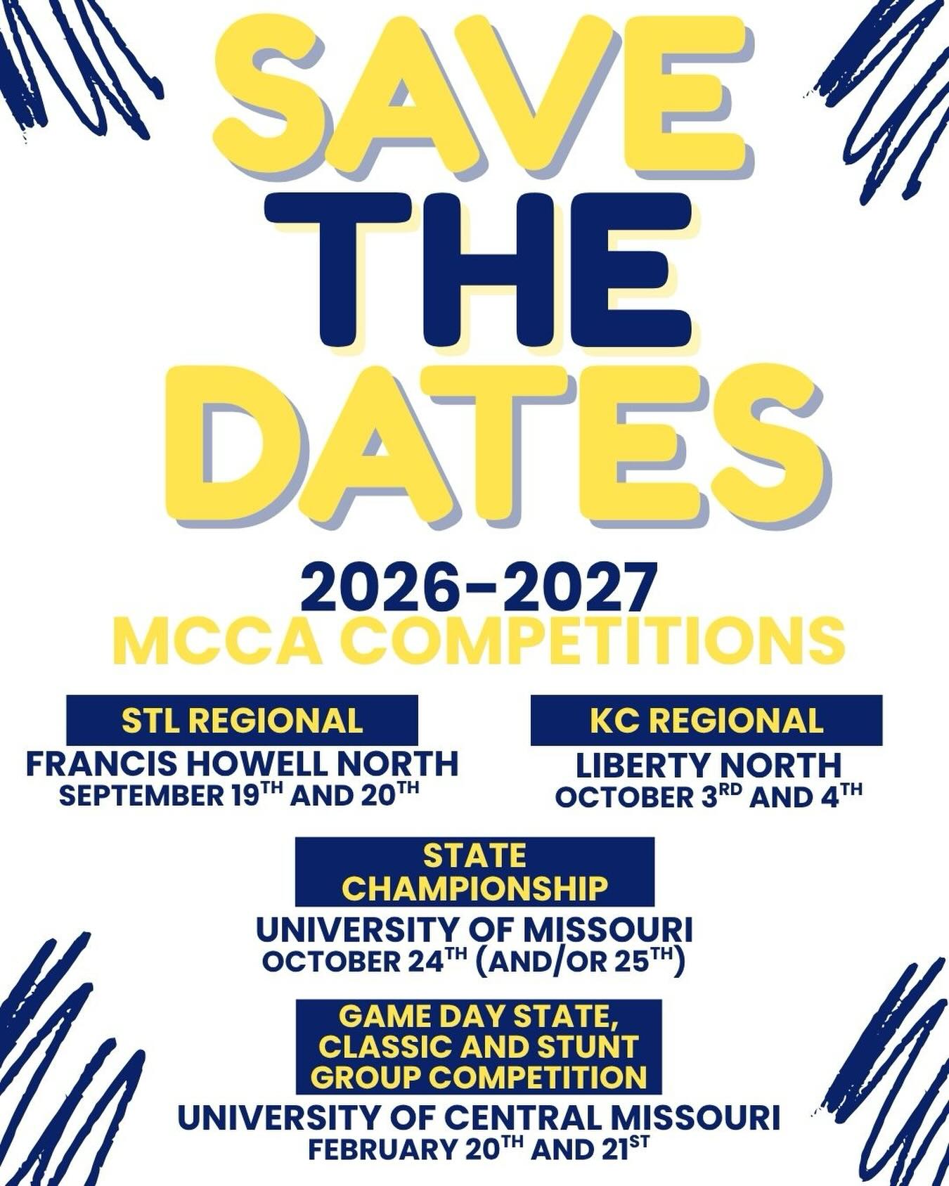 2026-2027 MCCA Competition Dates‼️
Stay tuned for details and new deadlines!!