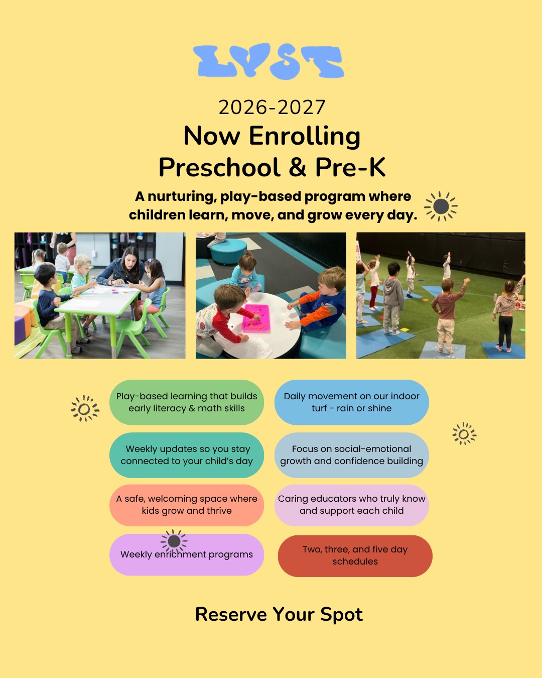 🌟 Enrollment Now Open For Fall 2026! 🌟
At Lehigh Valley Sports Turf, your little ones learn through play, movement, and connection—building confidence, independence, and a love of learning every day!
Weekly enrichment programs: Yoga & Stretch & Grow
New early start: 8:00 AM for calm, stress-free mornings
Spaces are sure to fill fast—give your child the perfect start to the school year!
#LehighValleySportsTurf #LVST #Preschool #PreK #LehighValley