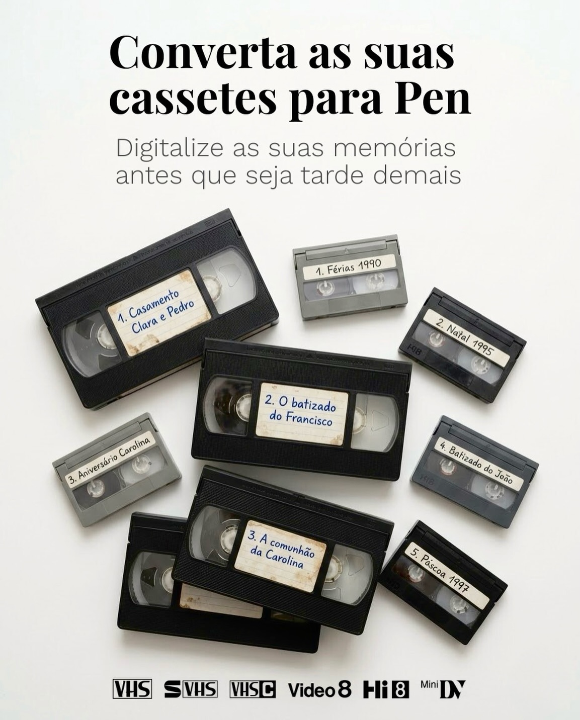 Com o passar dos anos, as fitas VHS, Video8, Hi8 e MiniDV perdem qualidade e podem tornar-se irrecuperáveis.
Se as suas cassetes têm mais de 10 anos, agora é o momento certo para preservar essas memórias.
Na Lupi Fotografia, transformamos os seus vídeos antigos em ficheiros digitais, prontos para ver na SmartTV, computador ou telemóvel.
✔ Trabalhamos com: VHS, Video8, Hi8, Digital8, MiniDV
✔ Entrega em Pen USB, DVD, Disco Externo ou Email
✔ Aumento de resolução para Full HD ou 4K com
Inteligência Artificial (opcional)
✔ Campanha especial: recolha ao domicílio na zona do Porto para 10 ou mais cassetes
📍 Pode entregar as suas cassetes nas nossas lojas ou enviar por correio.
👉 Não deixe as memórias desaparecerem. Digitalize já!
Link na bio