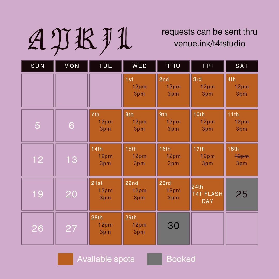 Have you checked out @t4tstudio books? They’ve got some openings and don’t wait to take advantage of that! Come get a sick tattoo from them!
#booksopen #tattoo #tattooappointment #tattooartist