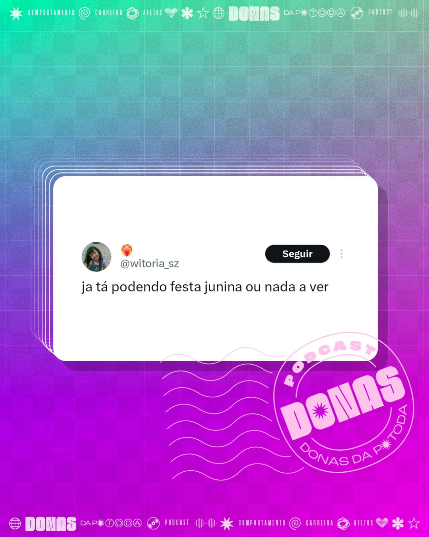Segunda-feira, 6 de abril de 2026. Prontas para mais uma semana e mais uma curadoria de tweets?
Nesta terça tem episódio novo no ar. Aproveita para seguir o Donas e avaliar com 5 estrelas no Spotify e na Apple Podcasts.
Contribua com a nossa campanha de financiamento coletivo em apoia.se/donasdaptoda e receba conteúdos exclusivos, brindes e muito mais
#donasdaptoda #podcasts #mulherespodcasters