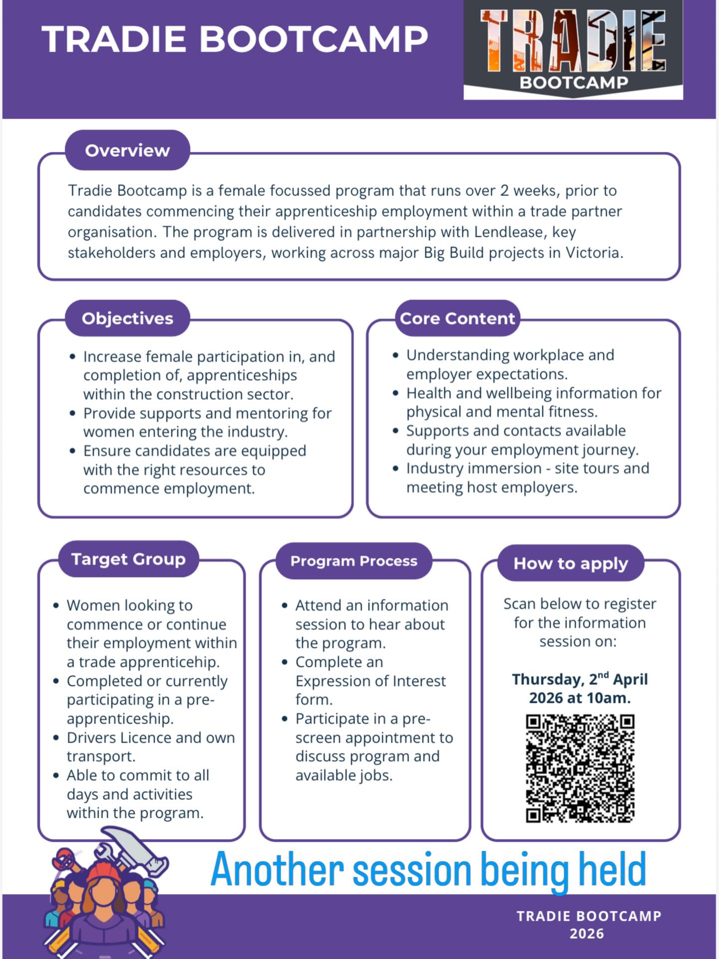 @lendlease Tradie Bootcamp is a female focused program that runs for two weeks prior to candidates beginning their apprenticeship.
@sheforcejobs are part of an information session this Thursday at 10am.
Sheforce have Apprenticeships available in:
Carpentry
Engineering Fabrication (Boilermaker)
Painting
Landscape Construction
Email Anita Peters at anita@sheforce.com.au or call on 0404 148 768 for further details.
#sheforce #buildingcareers #apprenticeships #commercialconstruction #informationsession