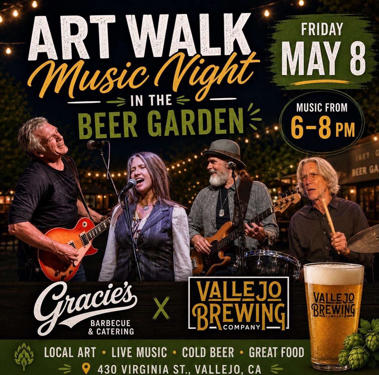 Downtown’s buzzing for Art Walk… we’re just adding to it. 🎶
Live music in the beer garden
May 8 • 6–8 PM
BBQ from Gracie’s + cold pours from Vallejo Brewing