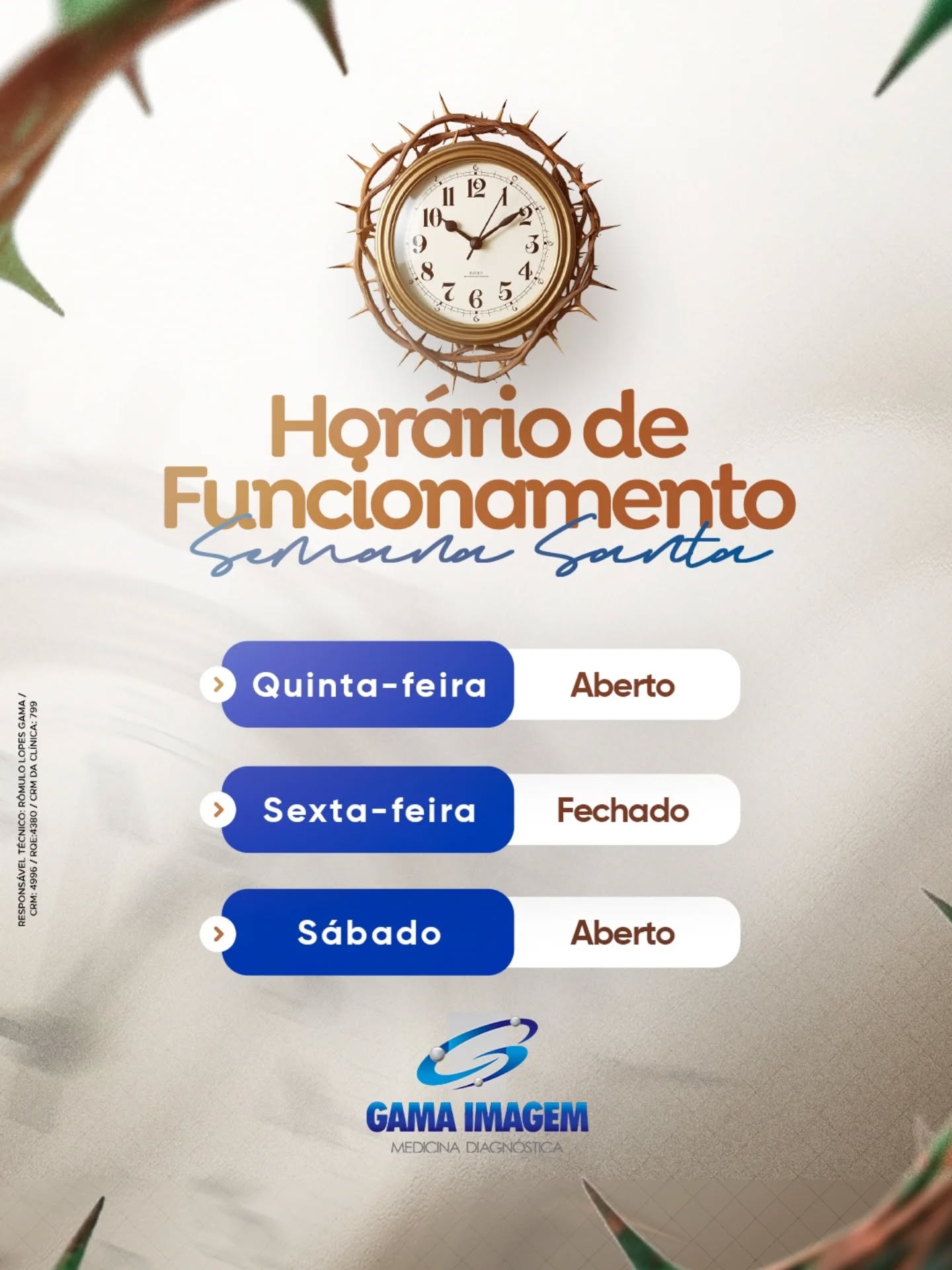 Semana Santa com horário especial
Para melhor te atender, ajustamos nosso funcionamento nesses dias 👇
🗓️ Quinta-feira: Aberto
🗓️ Sexta-feira: Fechado
🗓️ Sábado: Aberto
Planeje seu atendimento com antecedência e conte com a gente!
Cuidar da sua saúde é a nossa prioridade. Agende seu exame