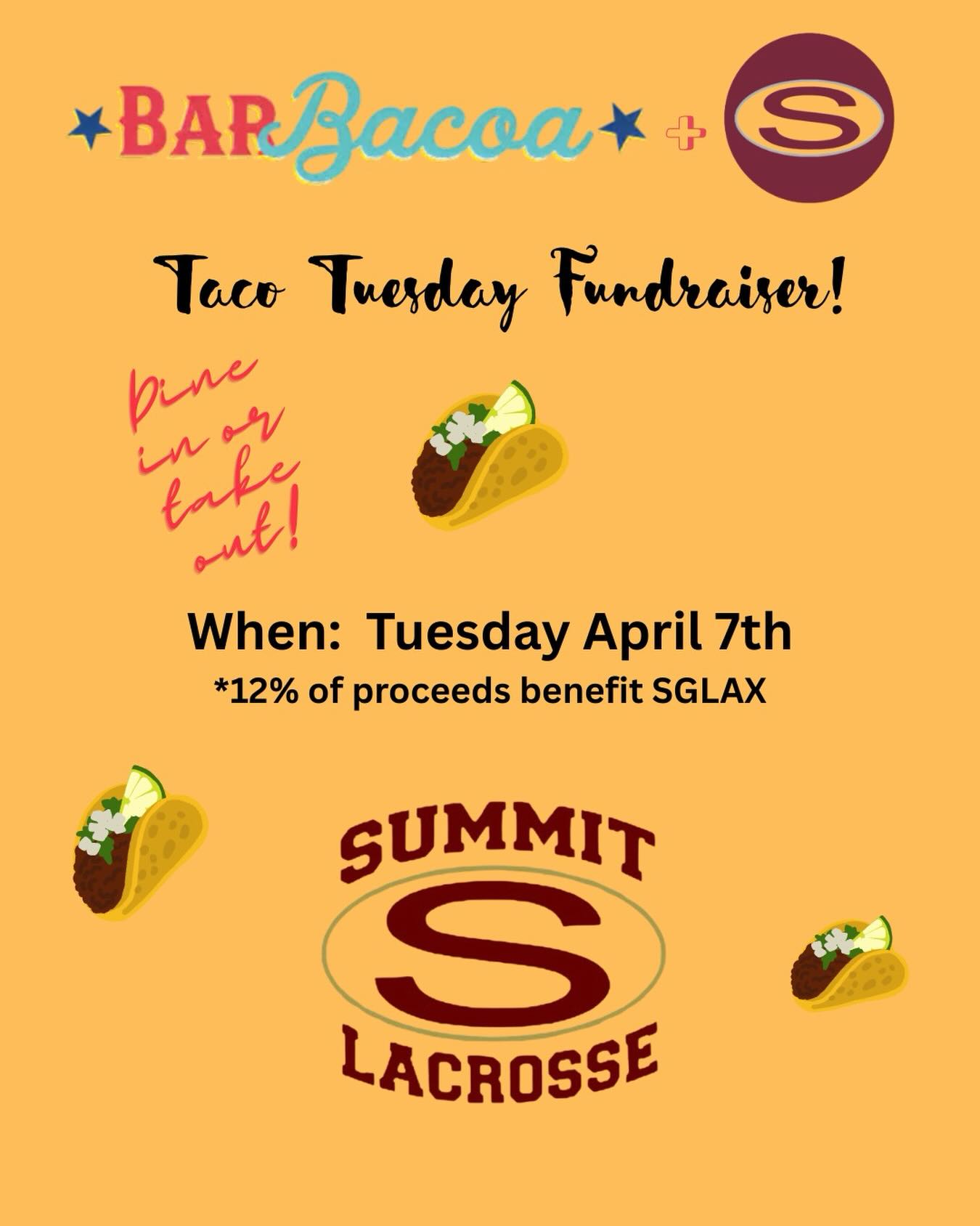 Support the SHS Women’s Lacrosse program! 🥍. Get your dinner from Barbacoa tomorrow- Taco Tuesday- dine in or take out!