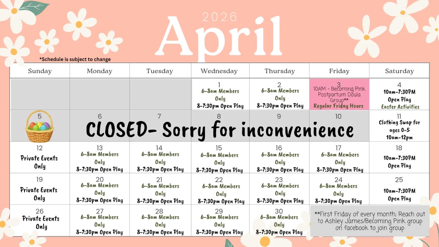 Here's our schedule for April! It's also on our website at the bottom of the play tab (playground42.com/play). Sorry for the inconvenience around next week! I'll be out of town and don't have coverage for our normal tasks. If you absolutely want to come in and don't mind a mess then just DM me and maybe we can work something out. Don't forget about our clothing swap on the 11th! Totally free, bring your kids!