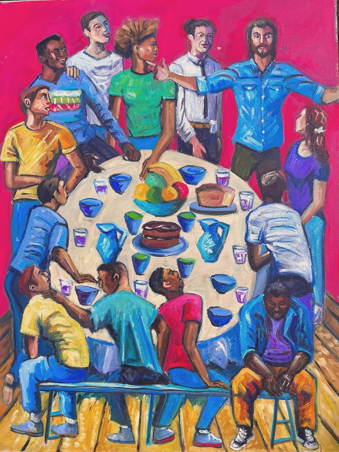 The Last Supper in Brixton Prison. Brixton Prison is a fairly bleak place but each Saturday about 50 men gather from the various wings to celebrate Mass in the chapel in the heart of the prison. It was as a result of helping out here that I painted this piece a couple of years back . Brixton prison is the sort of place I could imagine Jesus celebrating his Last Supper #hmpbrixton #lastsupper #maundaythursday #contemporaryart #oilpainting
