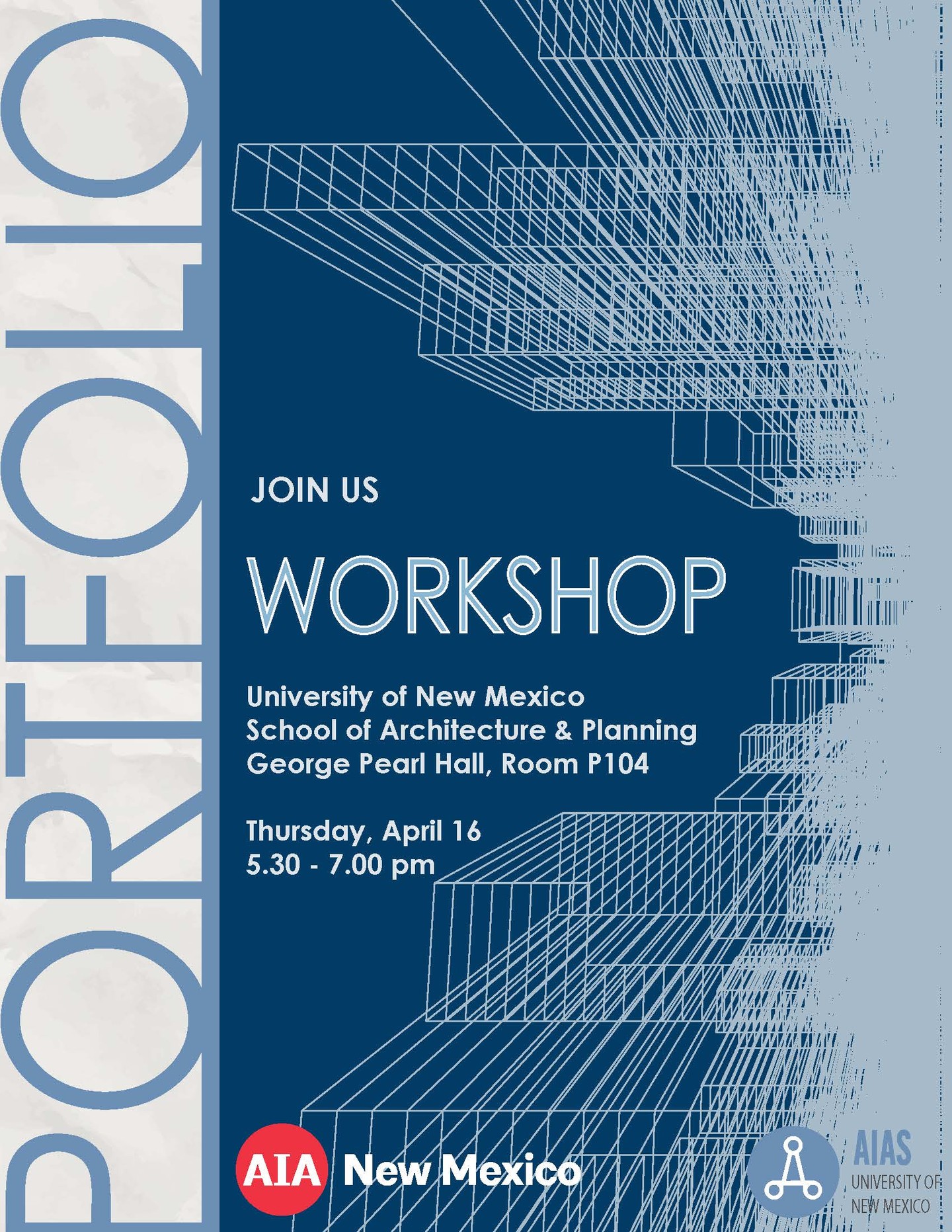 Your portfolio is a roadmap to your future. Join this FREE workshop to:
✏️ Draft your dream
📖 Craft your saga
🎨 Render your future
See you on Thursday, April 16th from 5:30-7:00pm in Room P104, George Pearl Hall!
@unmsaap @unmaias @unmsaapfablab @unm_architecture @nomasunm #architecture #design #portfolio #architecturestudents