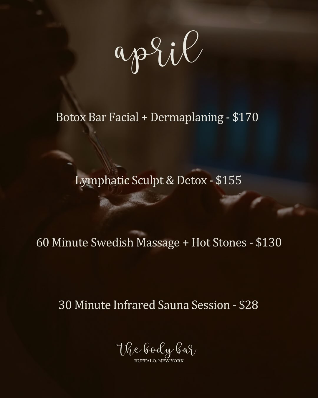 April Specials are here! 🤩
Botox Bar Facial with Dermaplaning: Rejuvenate and smooth your skin with this anti-aging facial. The Botox Bar Facial uses Argireline, a peptide known as “topical Botox,” to soften fine lines, hydrate, and plump the skin for a youthful, radiant glow—without injections. Paired with dermaplaning, this treatment removes dead skin cells and peach fuzz, allowing for a smoother texture and better absorption of serums. The result is brighter, refreshed, and visibly revitalized skin.
Lymphatic Sculpt + Detox: ✨NEW SERVICE✨Designed to support your body’s natural processes, this gentle full-body treatment helps reduce puffiness, enhance contour, and leave you feeling lighter and refreshed. Using light, rhythmic techniques on the face and body, along with facial cupping for enhanced results, this service promotes circulation, eases tension, and reveals a more sculpted, radiant appearance.
60 Minute Swedish Massage with Hot Stones: This indulgent 60-minute massage pairs classic Swedish techniques with the comforting warmth of hot stones. The heat penetrates deep into muscles, helping to relieve tension, reduce stress, and improve circulation, while the massage restores balance and relaxation throughout the body.
30 Minute Infrared Sauna Session: Relax, detox, and recharge with the gentle heat of our infrared sauna. This 30-minute session warms the body from within to promote circulation, relieve muscle tension, and support natural detoxification — all while you unwind in soothing comfort. Unlike traditional saunas, infrared heat is deeply penetrating yet calming, leaving you refreshed, reenergized, and glowing from the inside out.
Product of the Month – Antioxidant Peptide Serum: Protect the future of your skin with this peptide-rich serum. This gentle yet effective rejuvenating formula helps smooth and rejuvenate while providing strong antioxidant protection for the years ahead.
Book your service now online or by reaching us at 716-249-2118 🫶🏻
