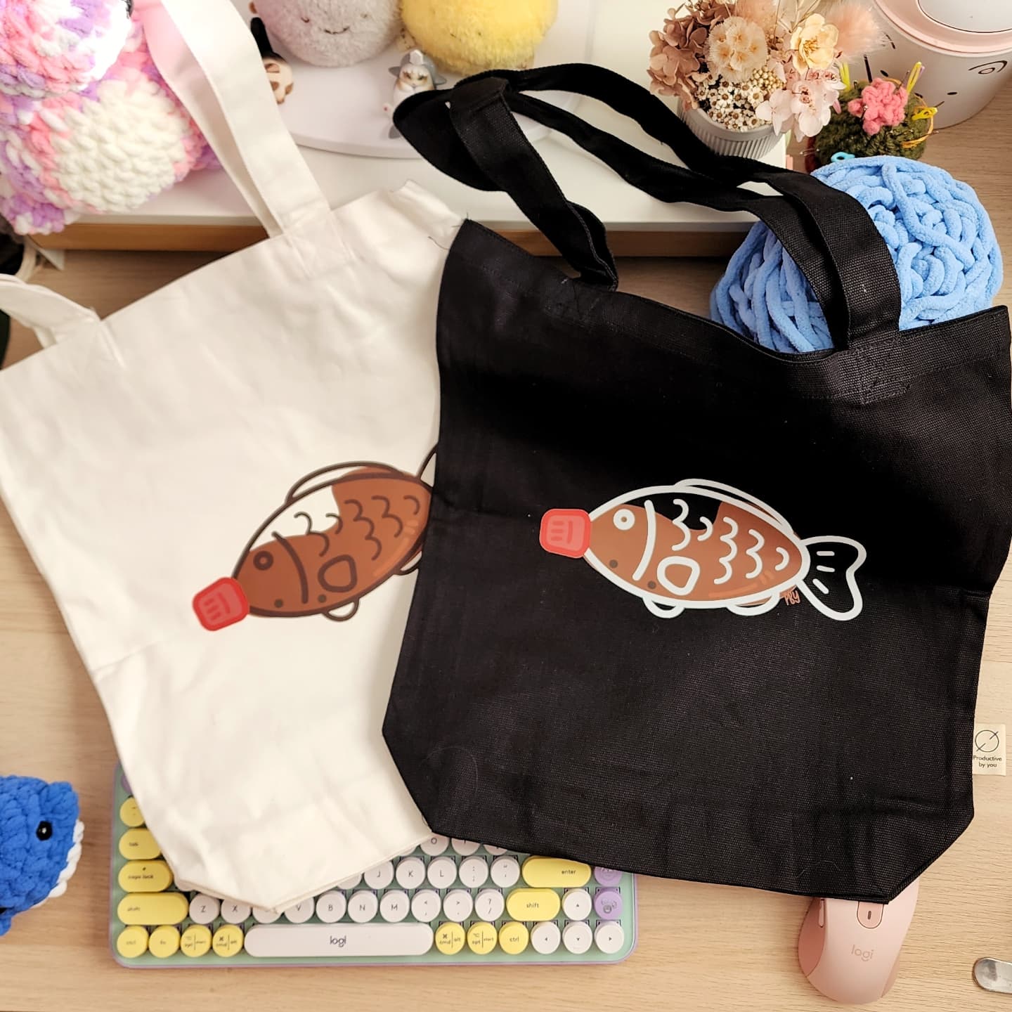 When your obsession with fish + soy sauce goes overboard. You make totes and pencil case out of them.
I know I know I am very slow to uploading things on Instagram. But hey, if you've seen me at markets, you've probably got them already. So PSA, I've got 1 more pencil case and only white totes left. So if you're thinking about it, now's the right time to get it!
Head to productivebyyou.com or link on my profile if you're too lazy to type it all out 💖