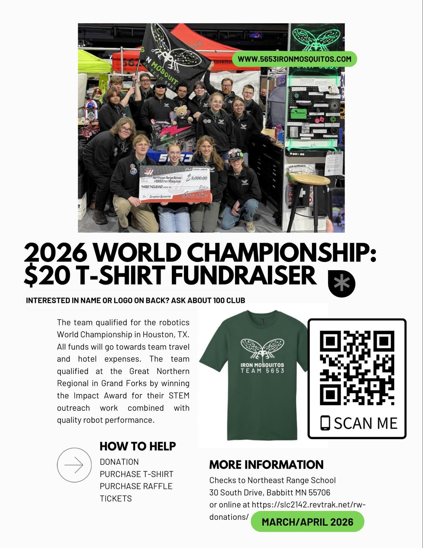 Hello, Skeeter fans! The Iron Mosquitos are hosting an open house at the Northeast Range School starting at 6:00pm today! Come learn about our robot, the team, and our trip to the FIRST World Championship. All are welcome.