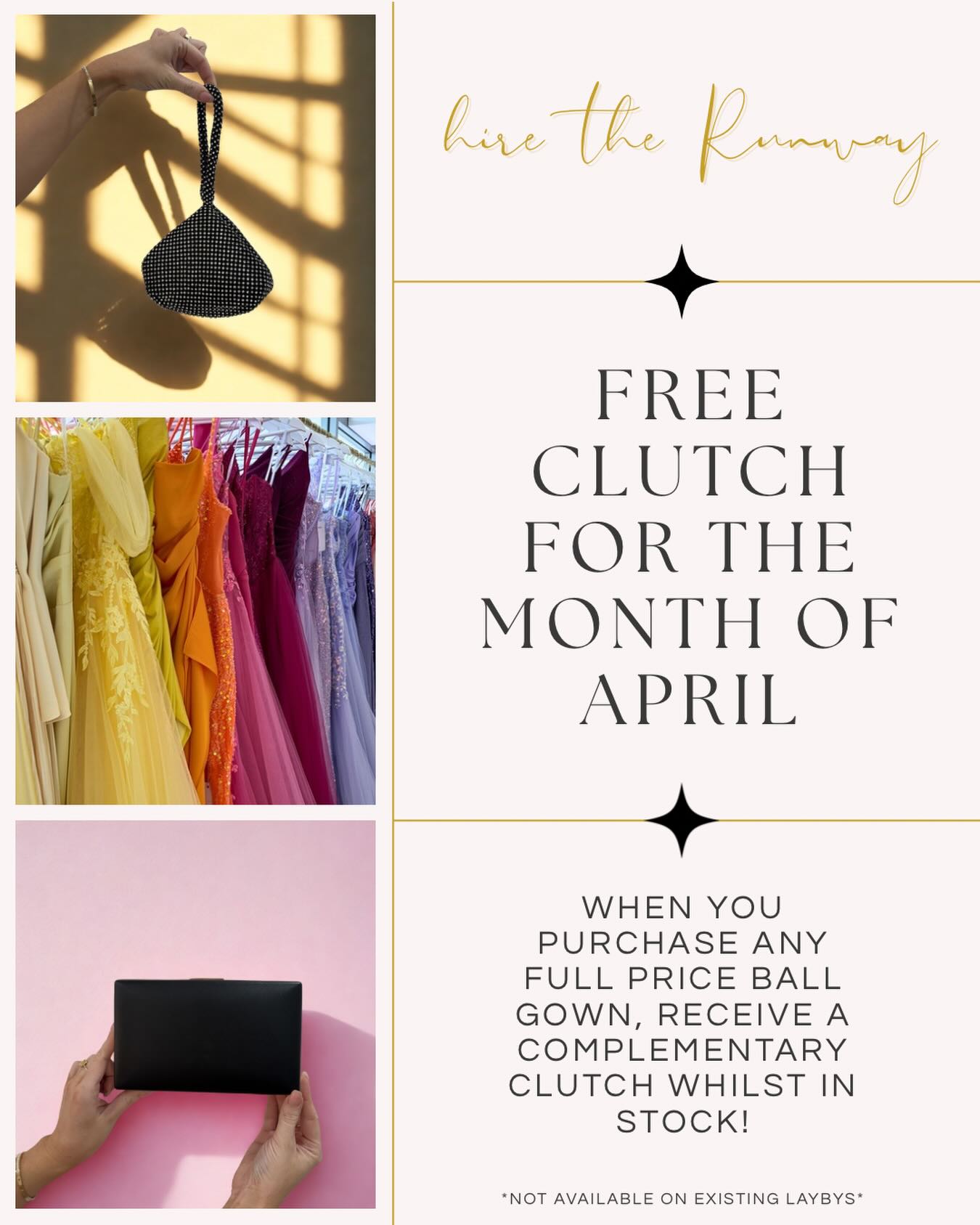 Say yes to your dream gown this April and we’ll treat you to something extra 💫
👜 Receive a FREE clutch with every full price gown purchase
📅 Valid from 1st April – 30th April
Because the perfect dress deserves the perfect finishing touch 💅
T&Cs apply:
– Not valid on existing lay-bys or previously purchased gowns
– Not valid on hire gowns
Appointments are filling fast, don’t miss out 💃
📩 Message us to book or book via the booking link in our bio
